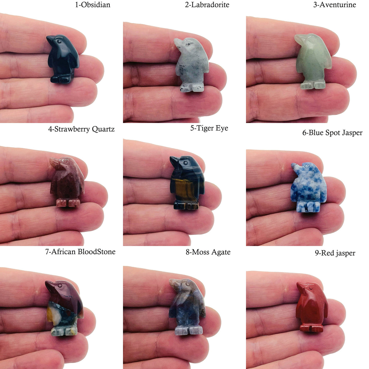 Handmade gemstone crystal penguin animal figure, carved, 30mm, featuring a mix of colorful stones, by GemstoneGO.