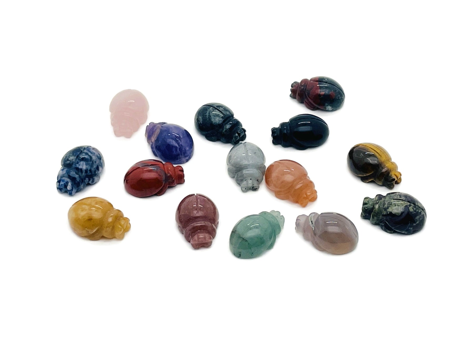 Handmade carved crystal ladybird animal figure, 30mm, in mixed gemstone colors by GemstoneGO.