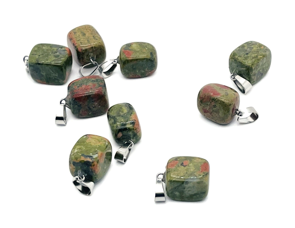 Unakite tumbled crystal pendant from GemstoneGO featuring a polished love stone with vibrant green and pink hues.