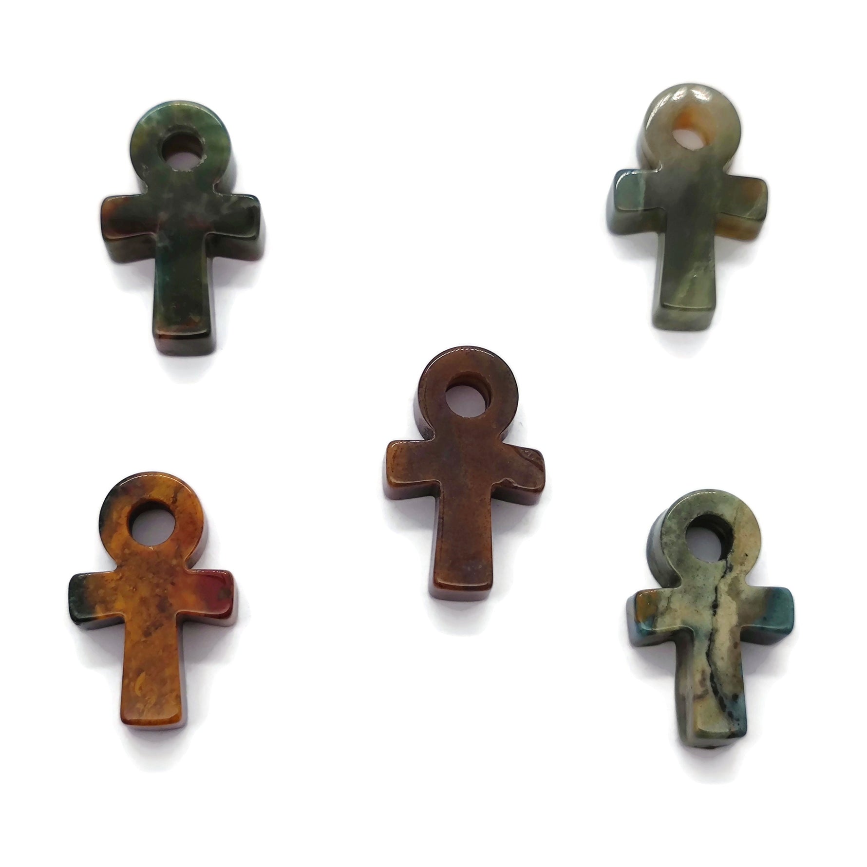 Moss Agate Anka crystal carving, gemstone Ankh pendant in 30mm size, featuring detailed natural stone patterns and craftsmanship.