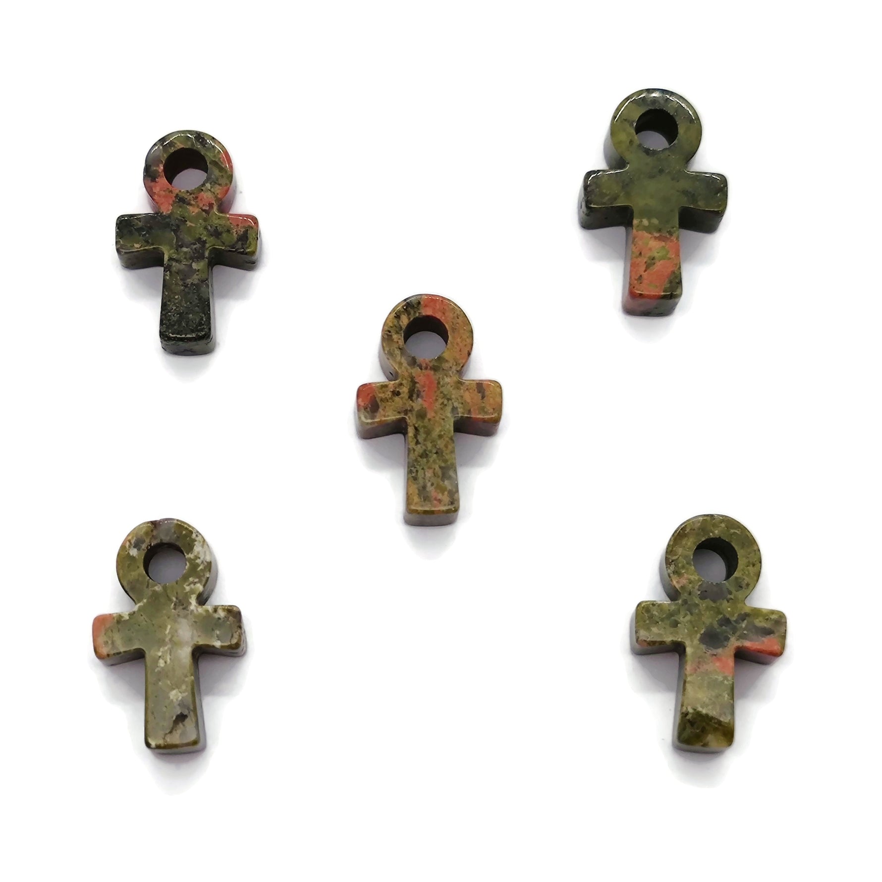 Unakite Anka crystal carving, 30mm gemstone Ankh pendant from GemstoneGO, featuring vibrant green and pink hues.