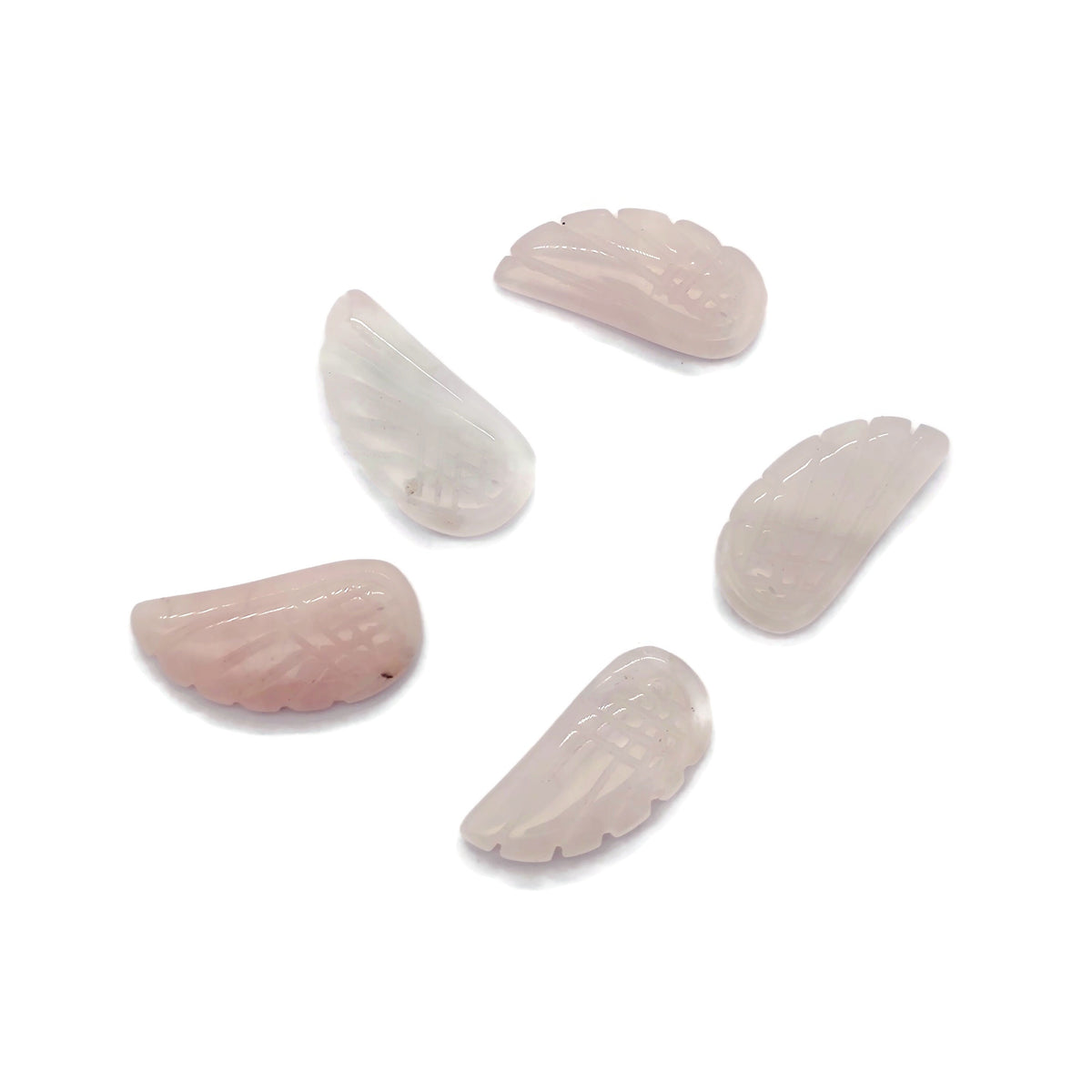 Rose quartz crystal angel wing pendant with carved angel wing design, featuring a hole for jewelry, from GemstoneGO.