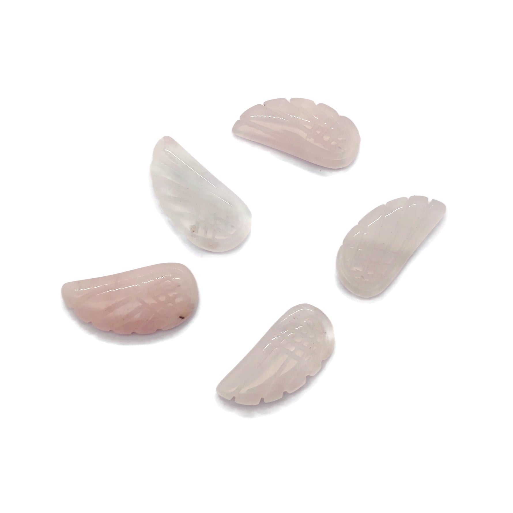 Rose quartz crystal angel wing pendant with carved angel wing design, featuring a hole for jewelry, from GemstoneGO.