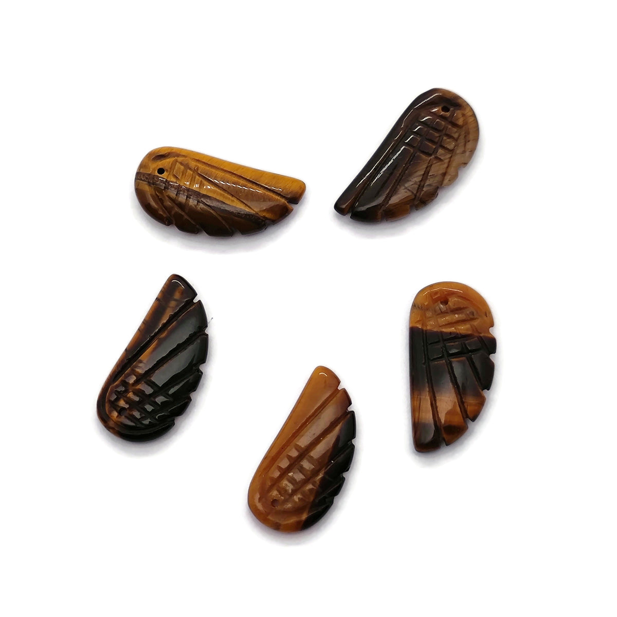 Tiger Eye angel wing crystal pendant with hole charm, showcasing a polished gemstone with detailed wing design from GemstoneGO.