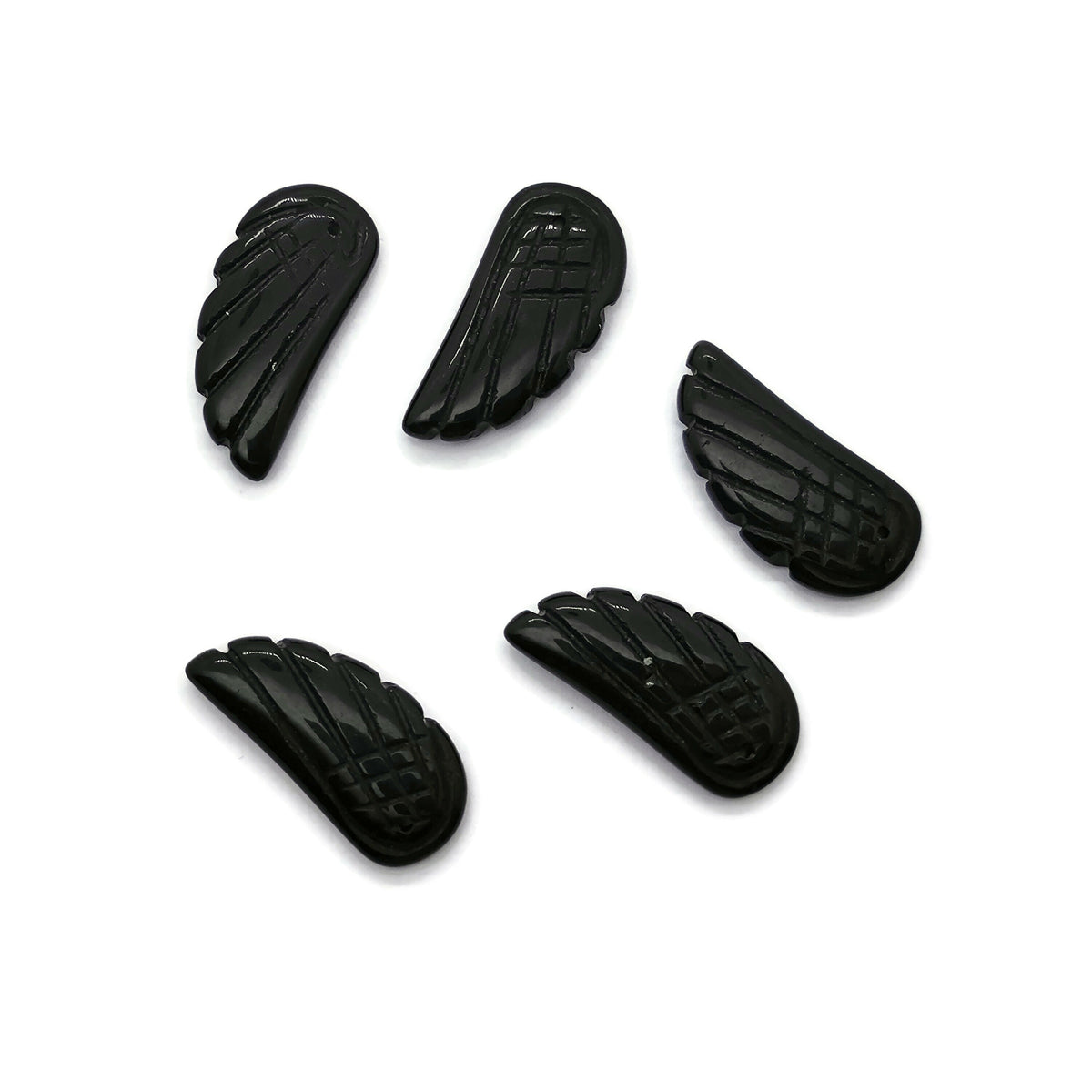 Obsidian angel wing crystal pendant with hole charm, showcasing detailed black gemstone wing design for jewelry making.