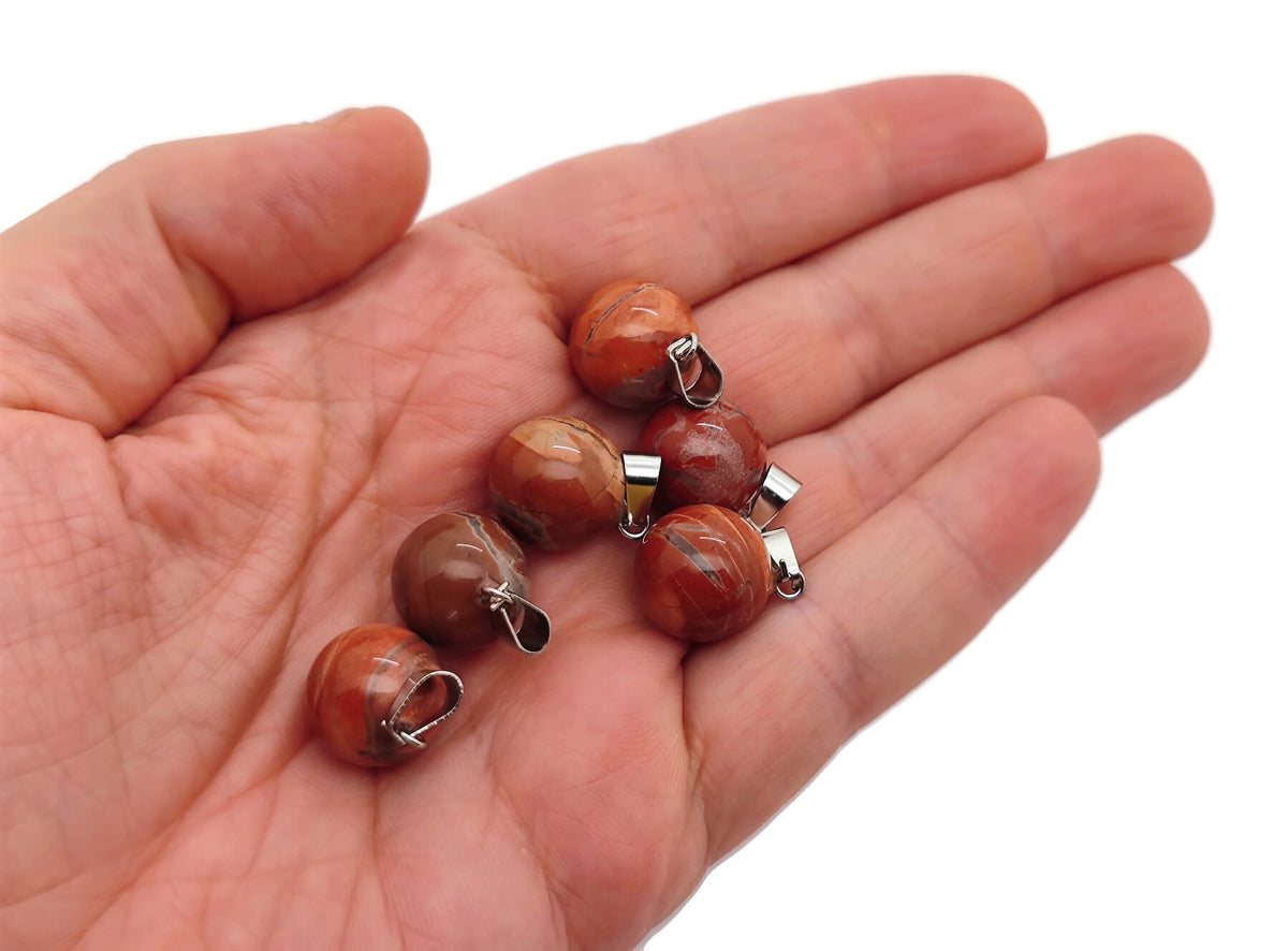 Red Jasper ball crystal pendant from GemstoneGO, round gemstone jewelry making pendant, polished red stone with natural patterns