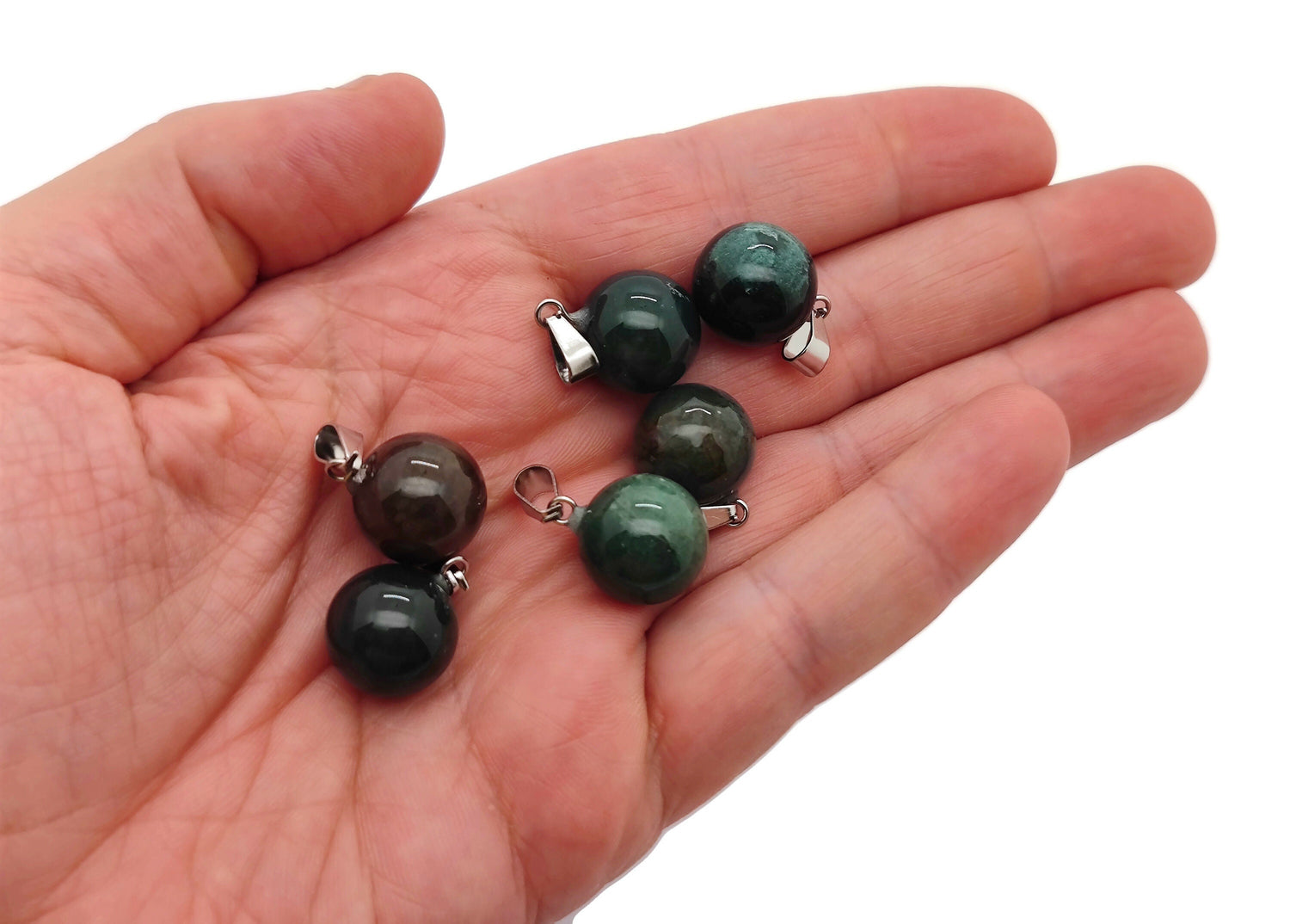 Moss agate crystal ball pendant with natural green and brown patterns, suitable for jewelry making, by GemstoneGO.
