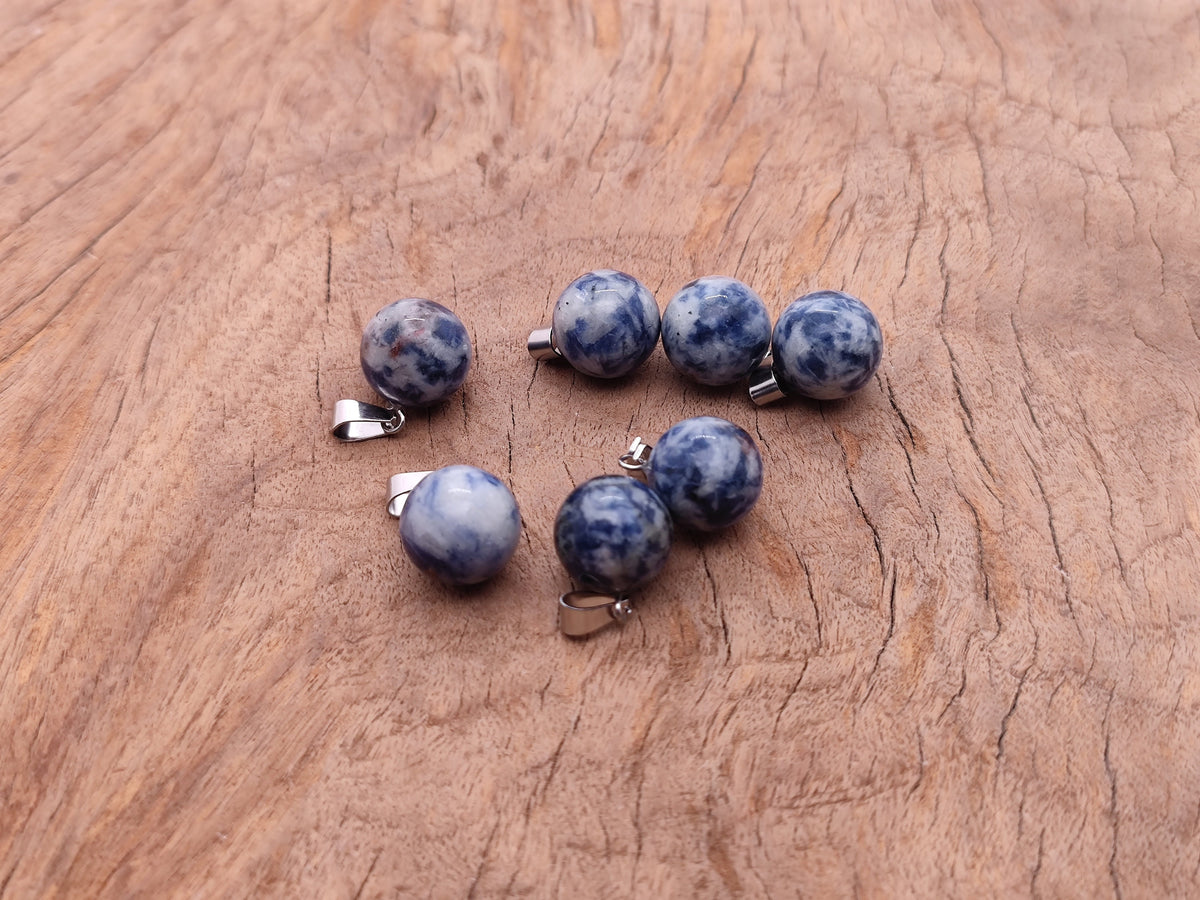 Blue Spot Jasper crystal ball pendant with a smooth round shape, used for jewelry making, featuring natural blue and earthy tones.