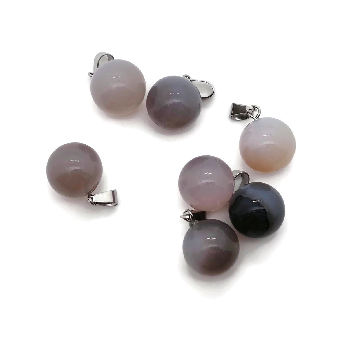 Grey agate crystal ball pendant with smooth round shape, ideal for jewelry making, by GemstoneGO.
