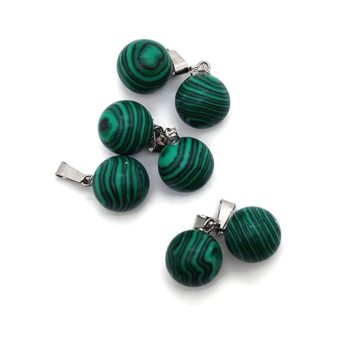 Synthetic malachite ball pendant with a smooth, polished round shape for jewelry making, from GemstoneGO.