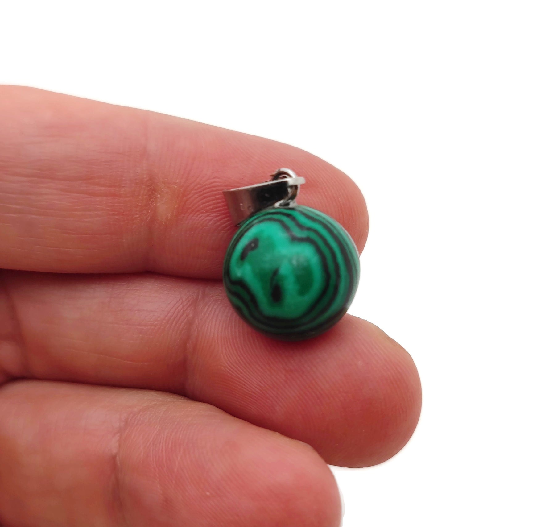 Synthetic malachite ball pendant with a smooth round shape, perfect for jewelry making by GemstoneGO.