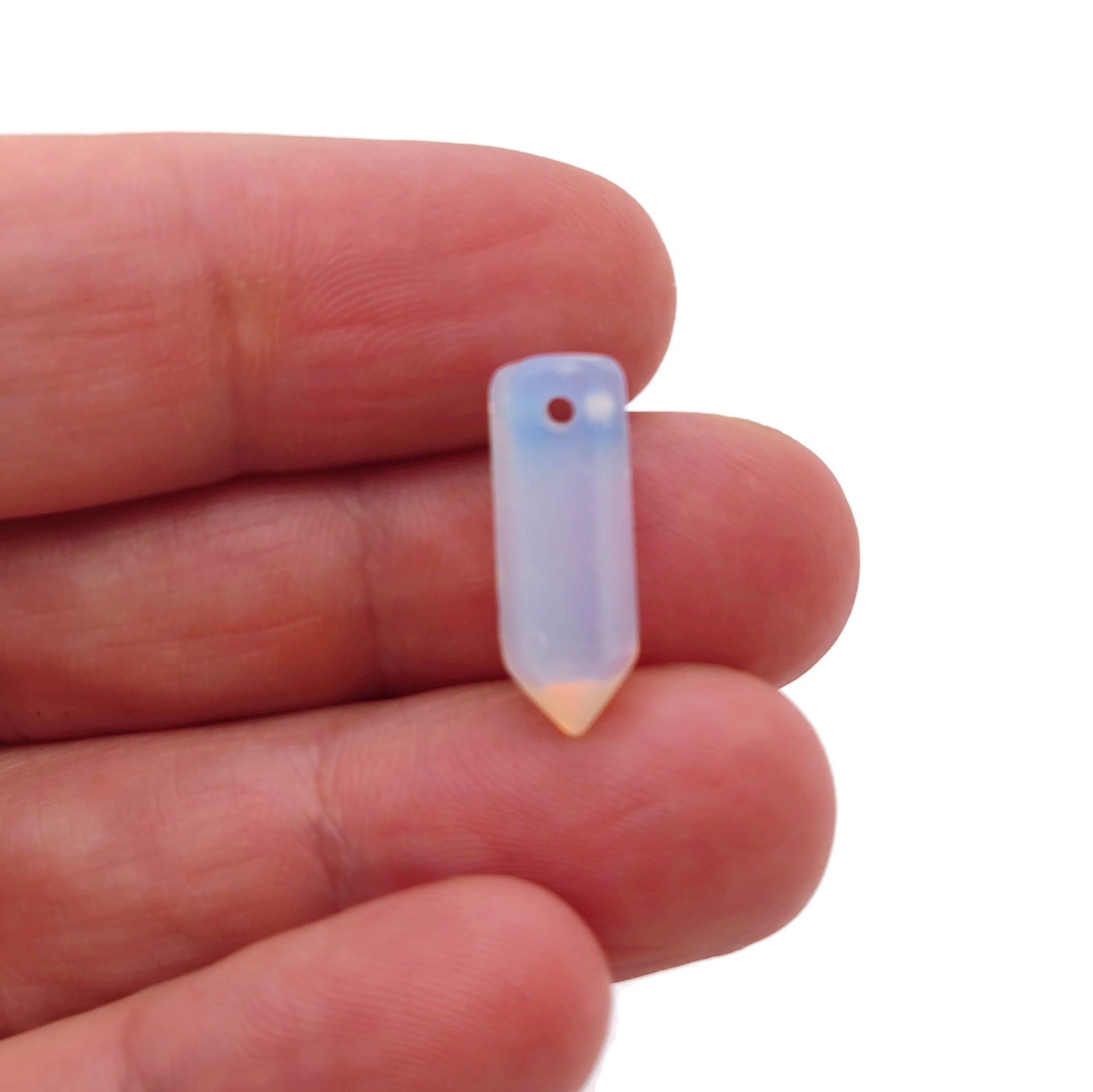 Opalite crystal pendant with drilled hole, showcasing a smooth, pointed gemstone from GemstoneGO, ideal for jewelry making.