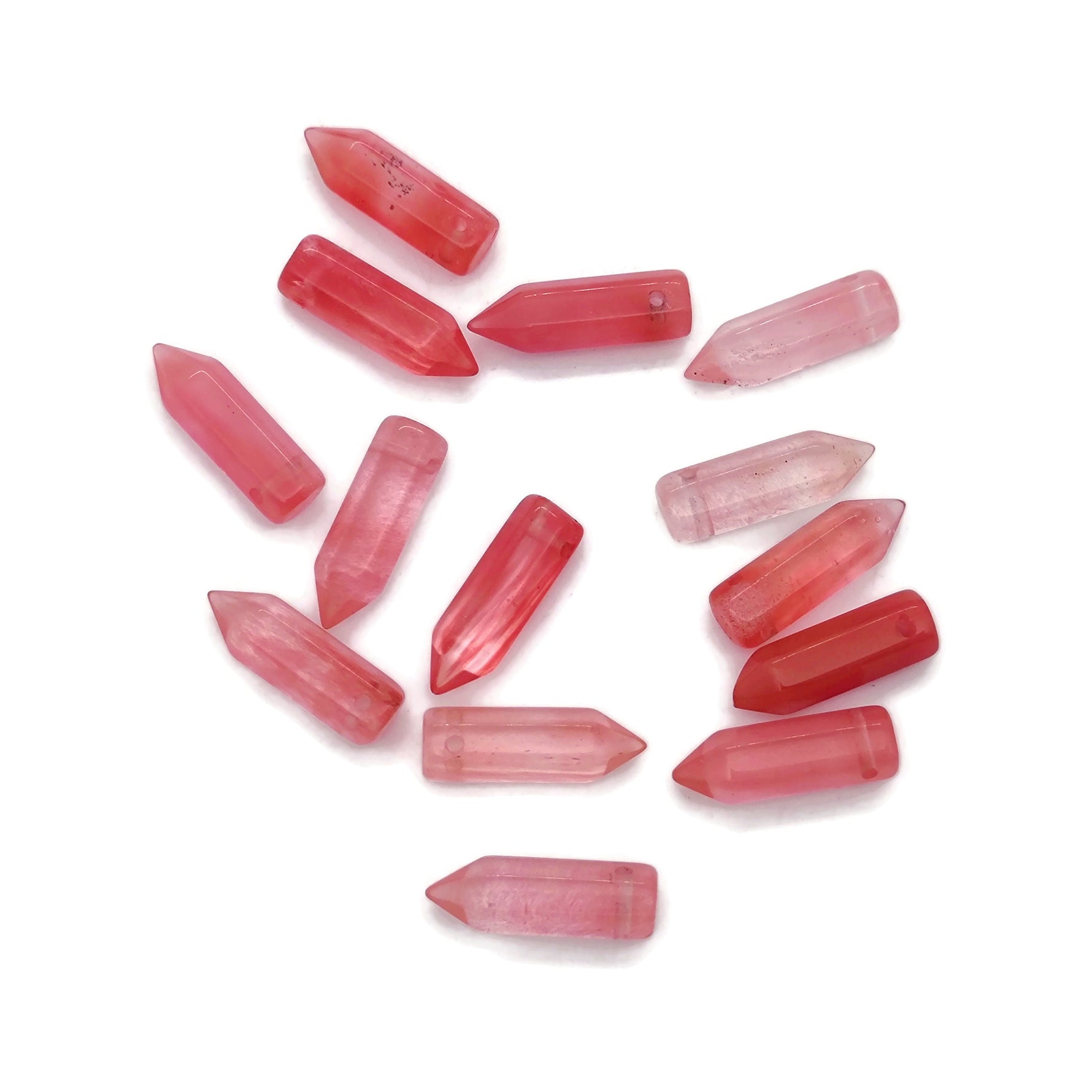 Cherry quartz point crystal pendant with drilled hole, showcasing vibrant red gemstone from GemstoneGO.