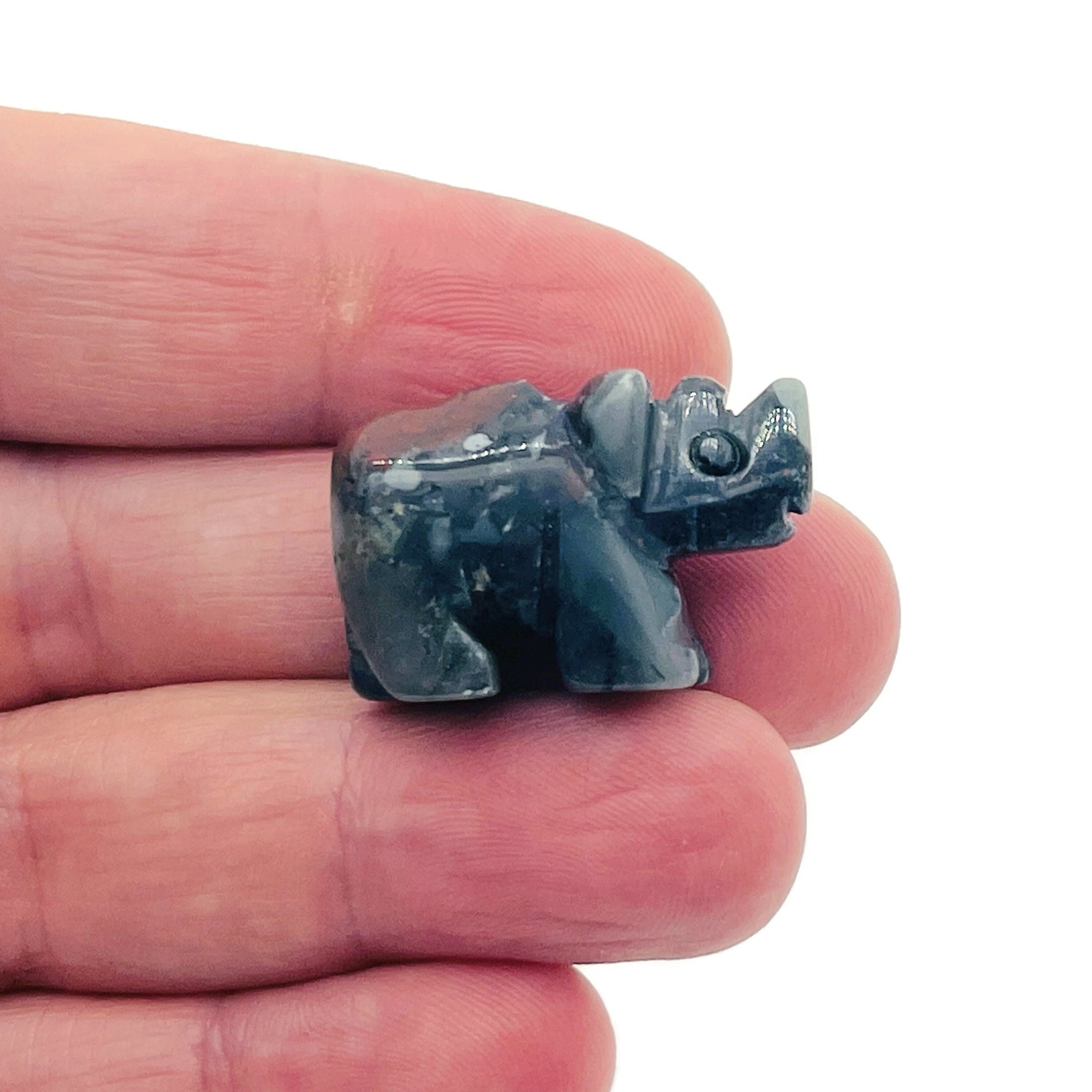 Handmade carved crystal rhino animal figure from GemstoneGO, 30mm size, featuring a natural gemstone design and intricate detailing.