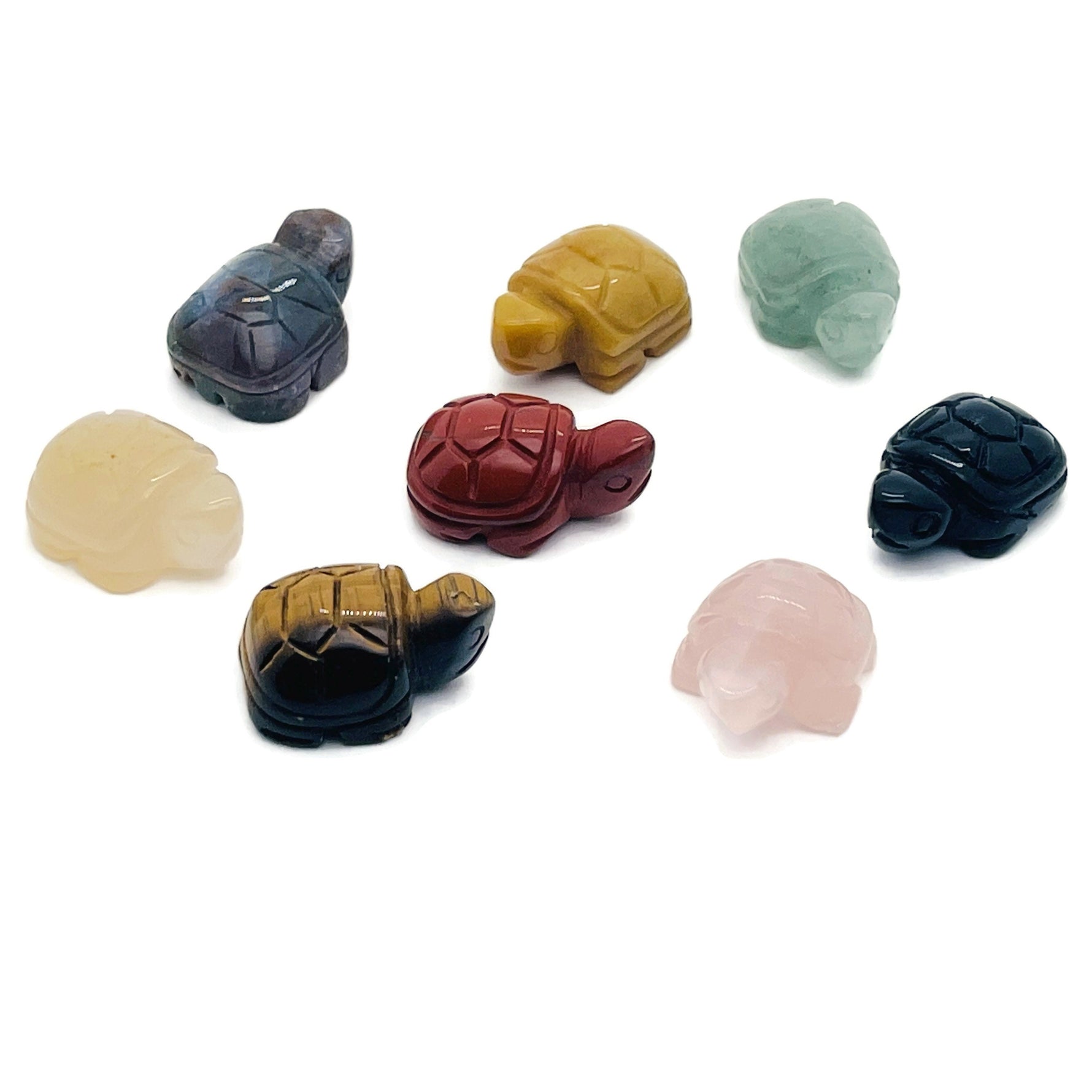 Handmade carved crystal turtle animal figure from GemstoneGO, 30mm size, featuring a colorful mixed gemstone design.
