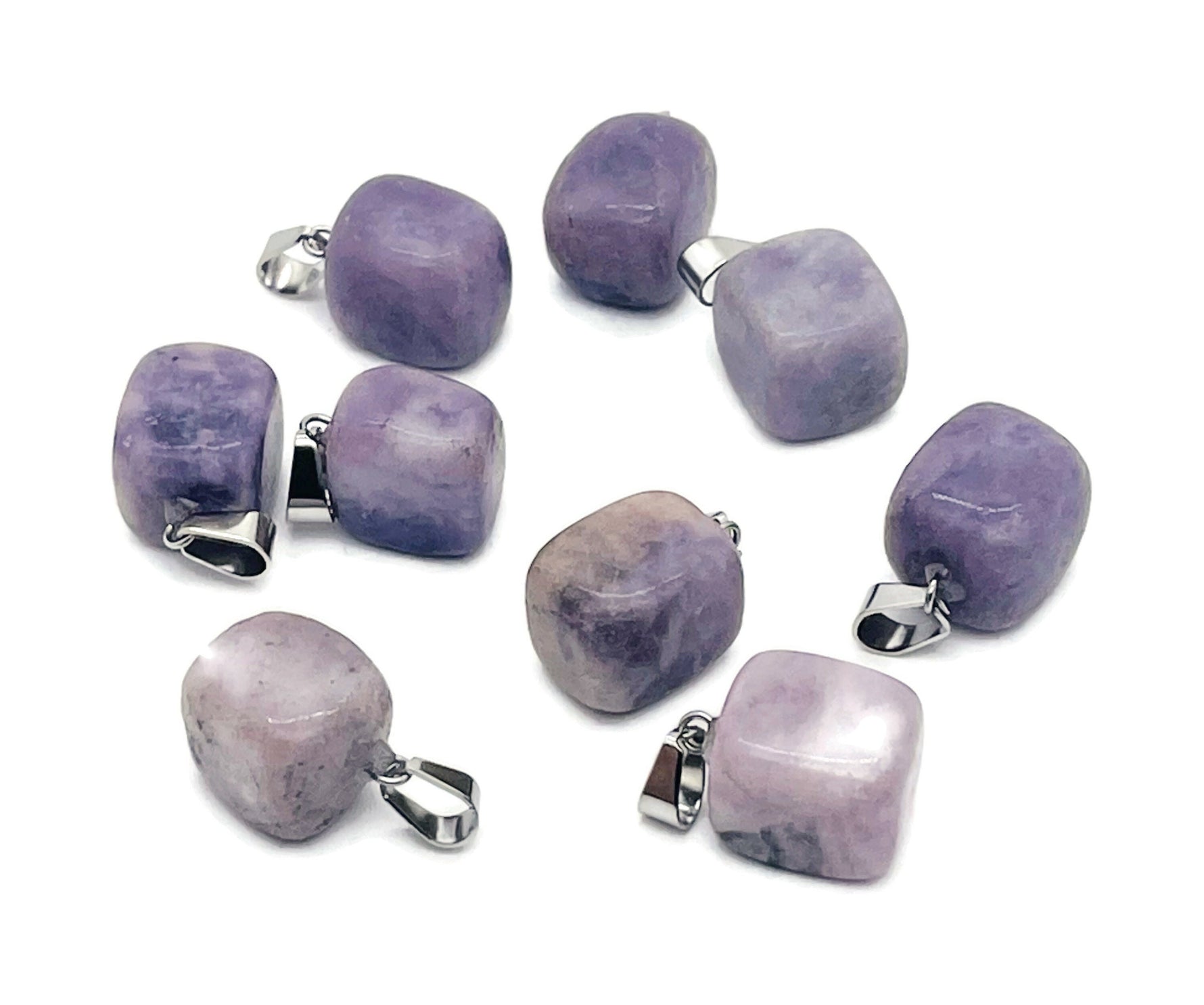 Lepidolite tumbled gemstone pendant from GemstoneGO, showcasing a smooth, purple stone with natural variations and polished finish.