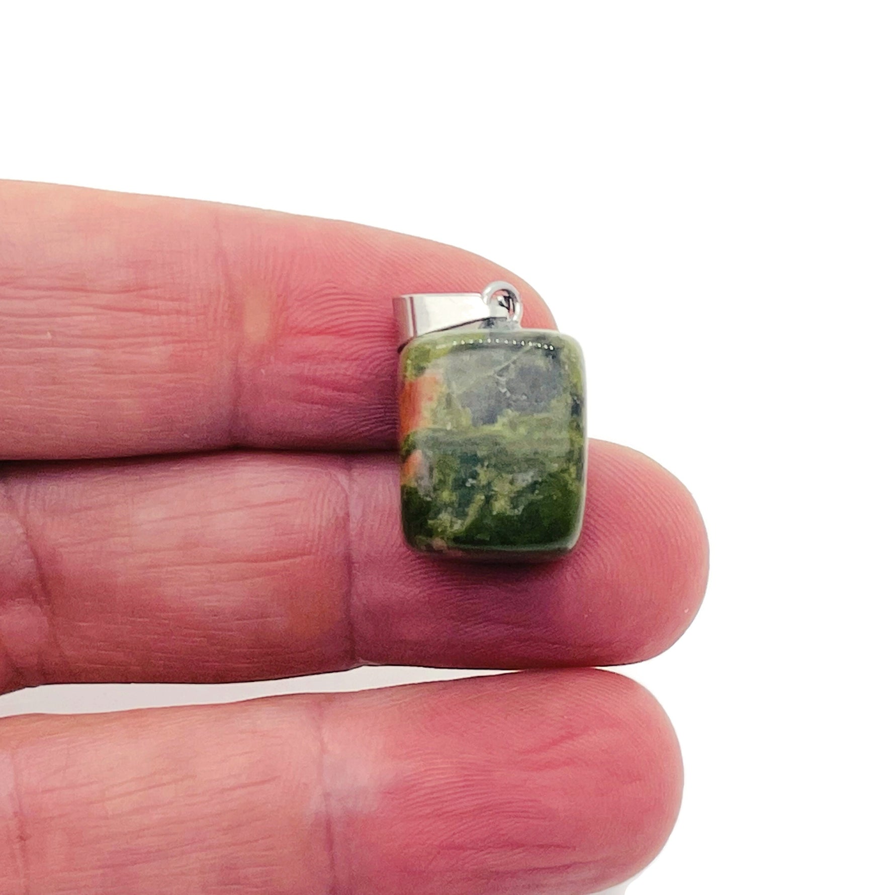 Unakite tumbled crystal pendant from GemstoneGO featuring a polished love stone with natural green and pink hues.