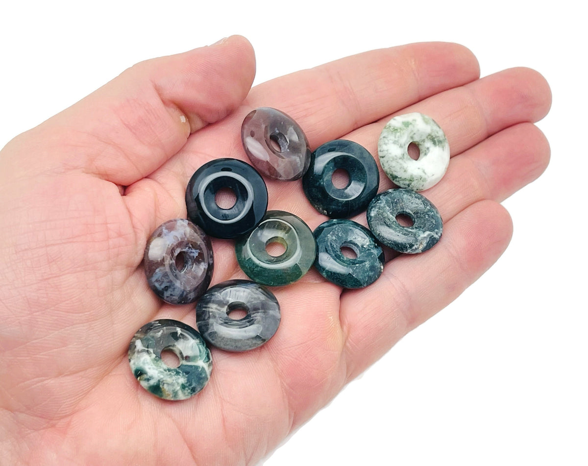 Moss agate crystal donut with green and brown natural stone pattern, 20mm gemstone from GemstoneGO.