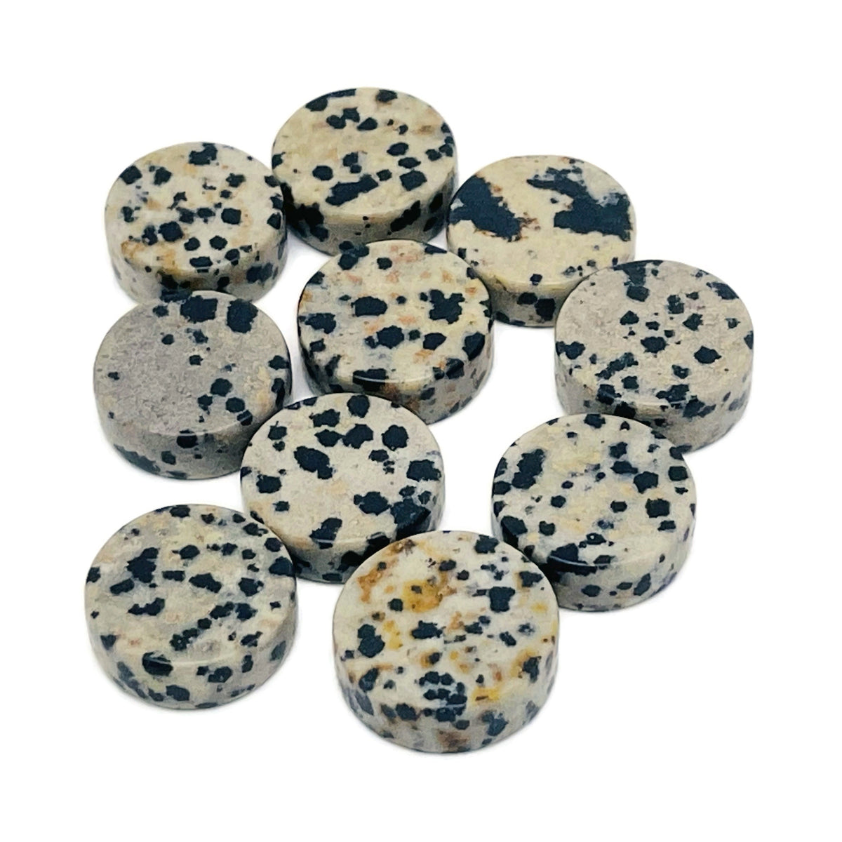 Round Dalmatian Jasper flat gemstone slab from GemstoneGO, showcasing its distinctive spotted pattern and polished surface.