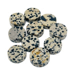 Round Dalmatian Jasper flat gemstone slab from GemstoneGO, showcasing its distinctive spotted pattern and polished surface.