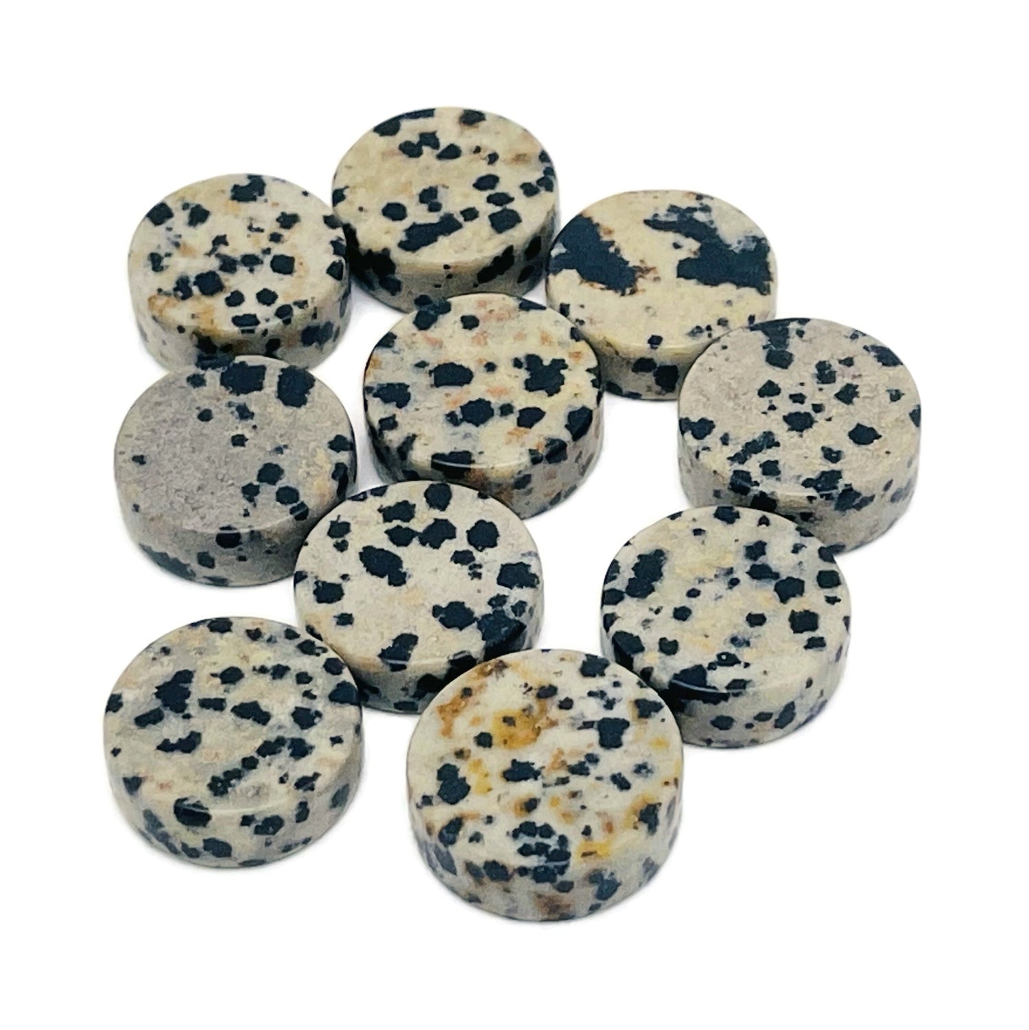 Round Dalmatian Jasper flat gemstone slab from GemstoneGO, showcasing its distinctive spotted pattern and polished surface.