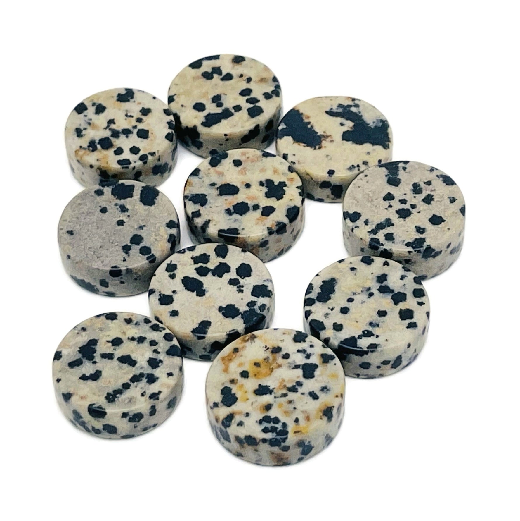 Round Dalmatian Jasper flat gemstone slab from GemstoneGO, showcasing its distinctive spotted pattern and polished surface.