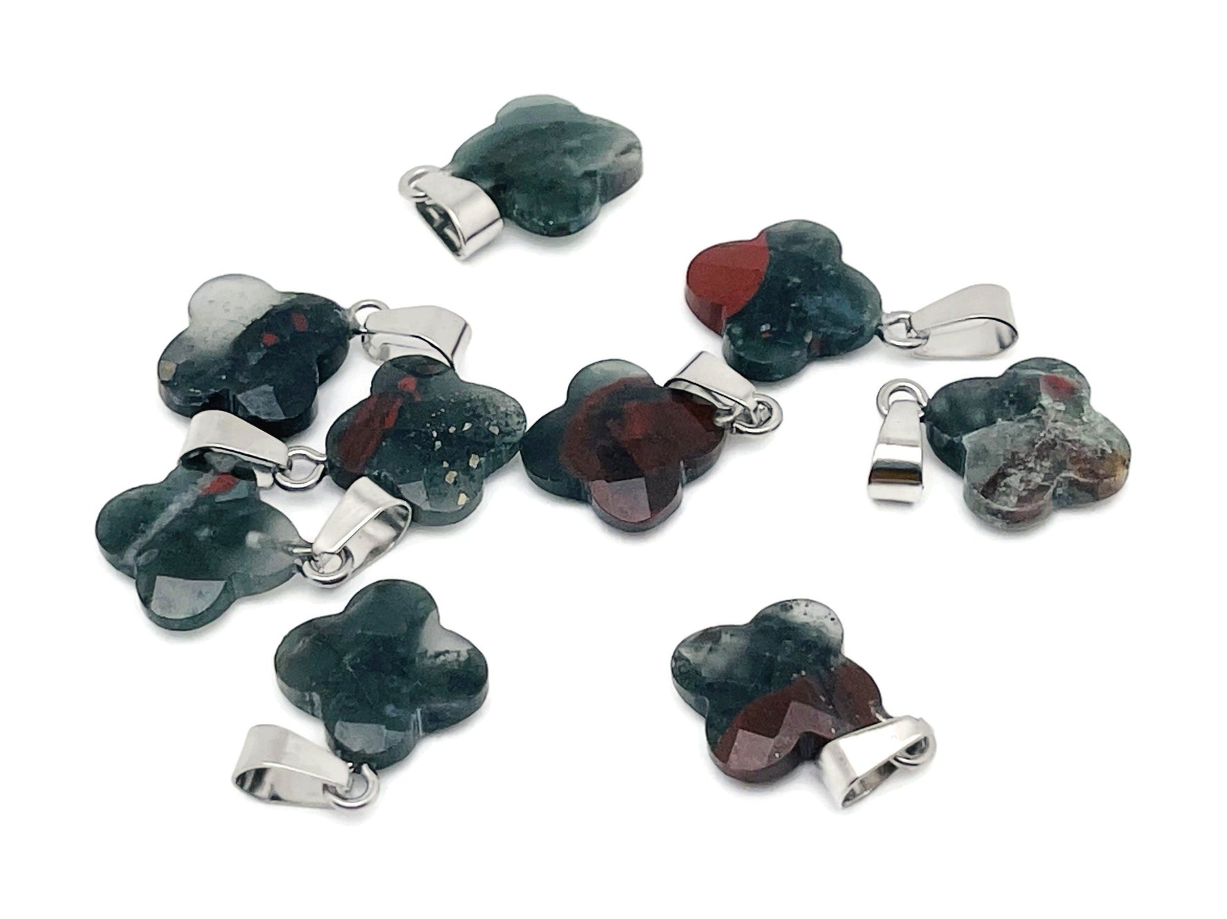 African Bloodstone four-leaf clover crystal pendant by GemstoneGO, featuring a unique bloodstone gemstone for DIY jewelry making.