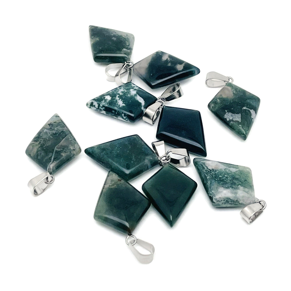 Moss agate triangle gemstone pendant with geometric design, featuring natural green and brown patterns, by GemstoneGO.