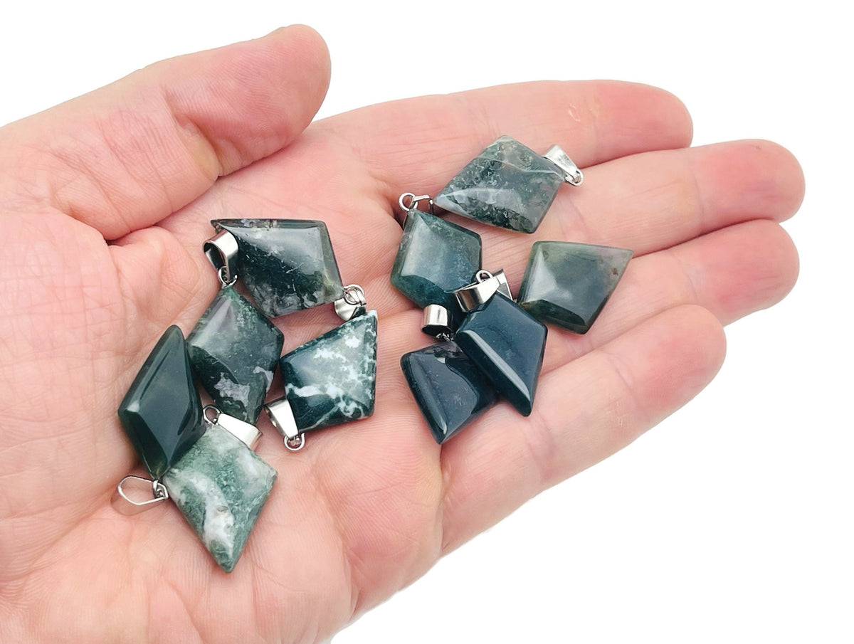 Moss Agate triangle gemstone pendant with geometric design, featuring natural green and brown patterns, by GemstoneGO.