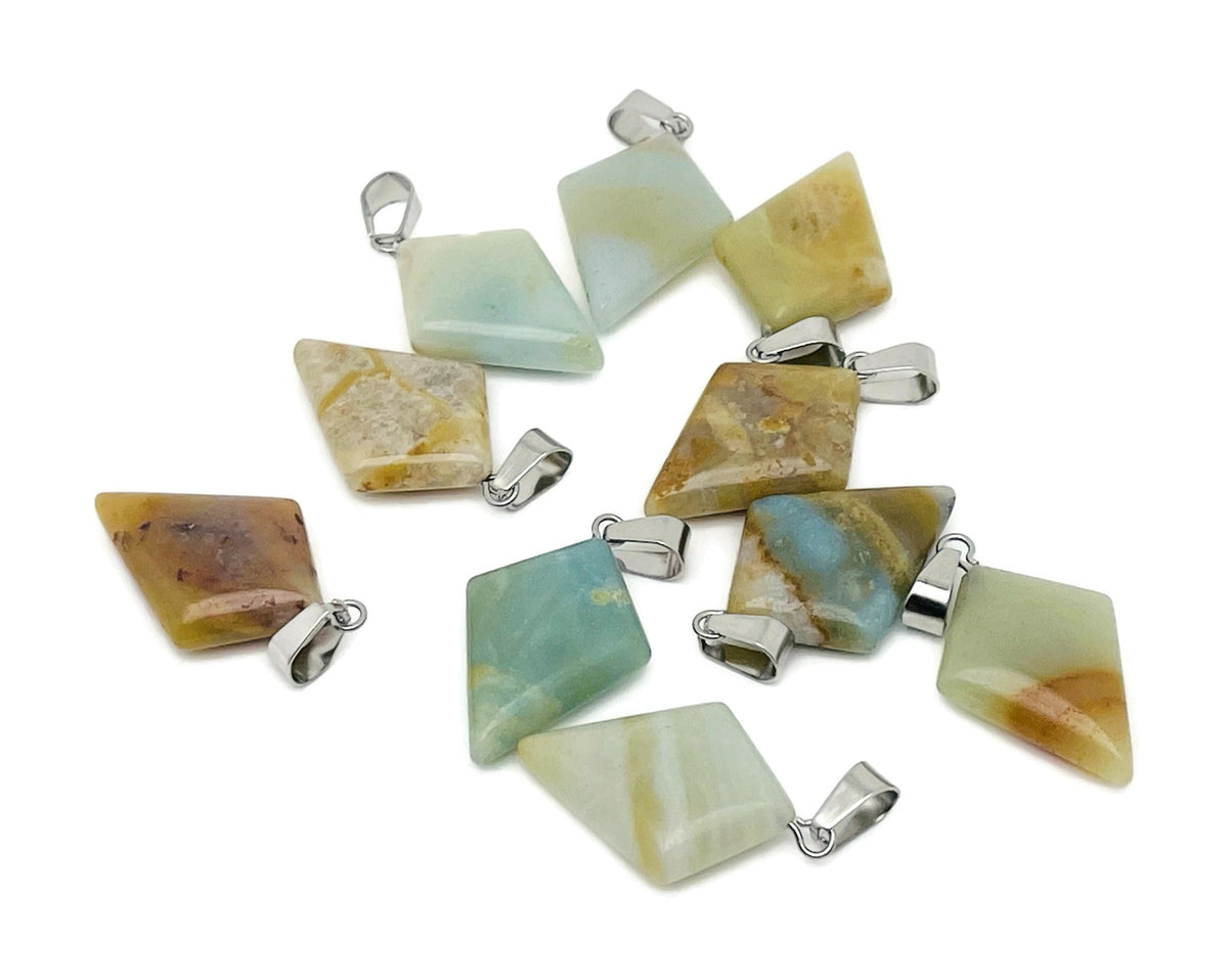 Amazonite triangle gemstone pendant with geometric design from GemstoneGO, showcasing a polished blue-green stone on a silver setting.