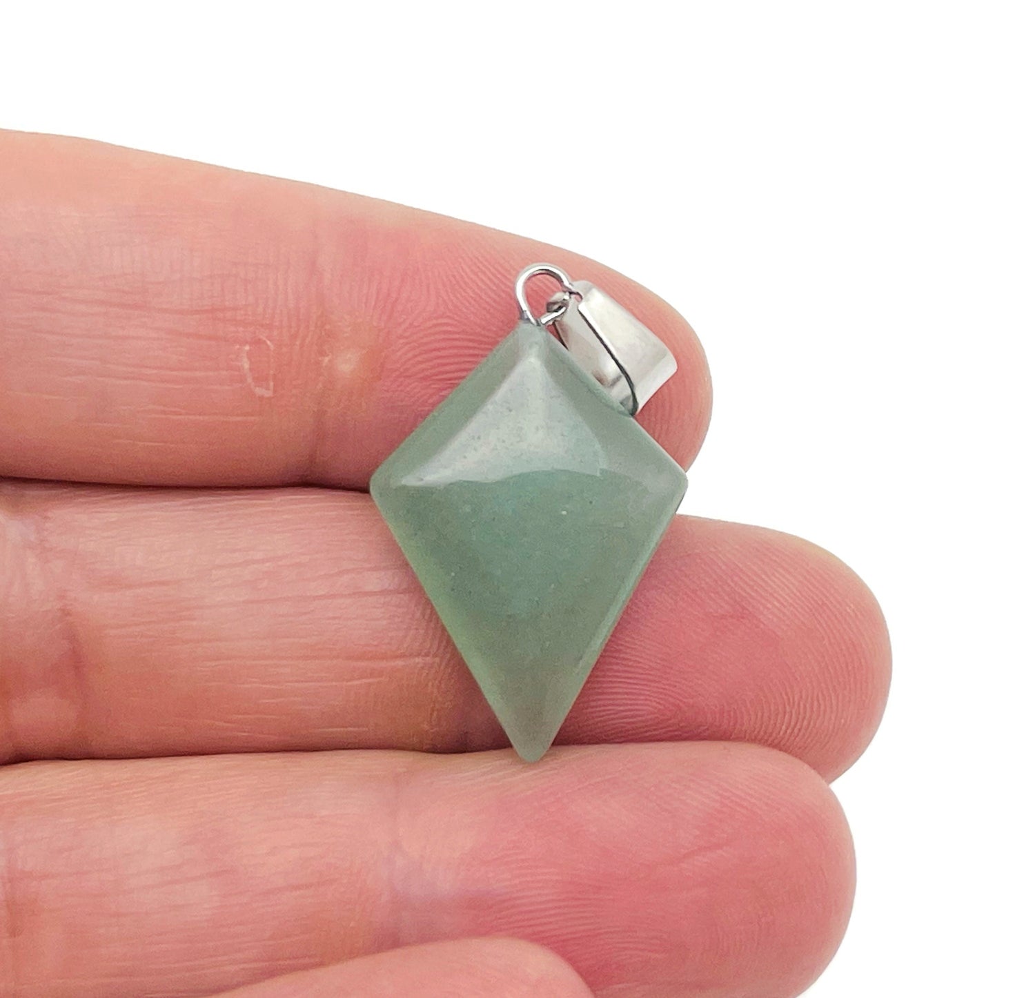 Aventurine triangle gemstone pendant with geometric design, featuring a polished green aventurine stone on a simple chain.