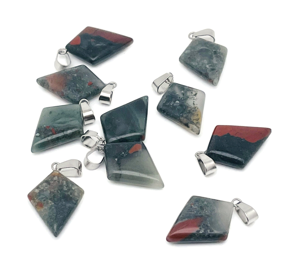 African Bloodstone triangle gemstone pendant with geometric design, featuring deep green and red mineral hues, by GemstoneGO.