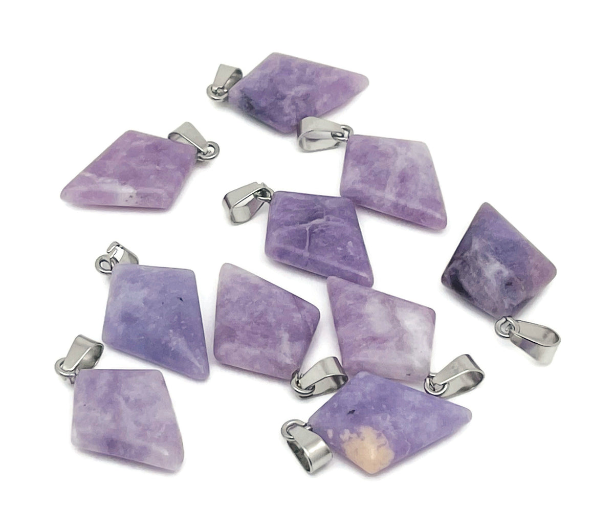Lepidolite triangle gemstone pendant from GemstoneGO, showcasing a geometric design with purple and pink hues.