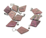Rhodonite triangle gemstone pendant with geometric design, showcasing vibrant pink and black patterns, by GemstoneGO.