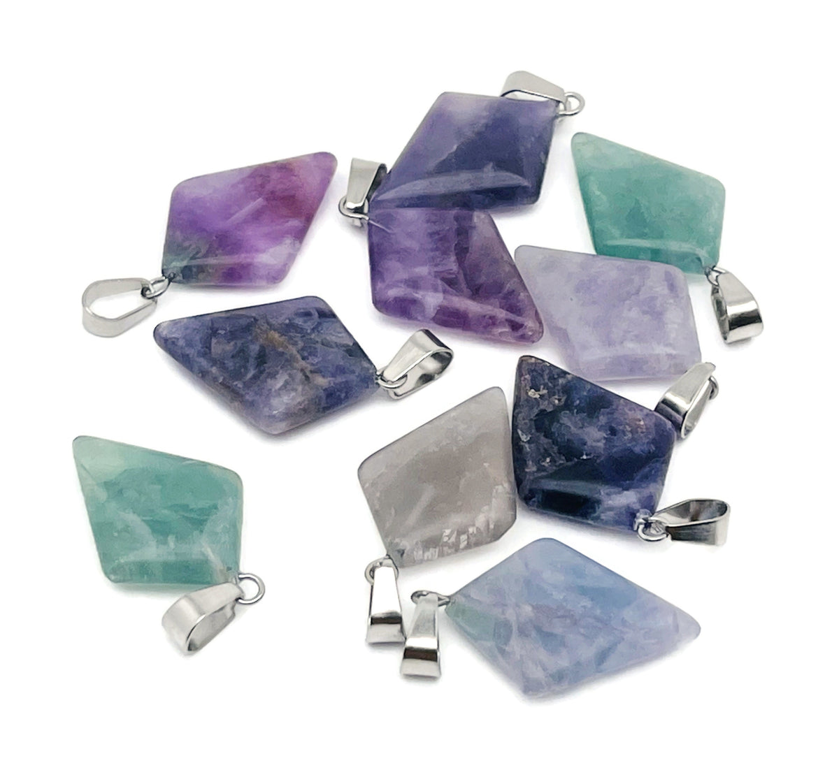 Fluorite triangle gemstone pendant from GemstoneGO featuring a vibrant geometric design on a silver chain.