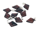 Mahogany Obsidian triangle gemstone pendant with geometric design, featuring deep red and black tones, hanging on a silver chain.