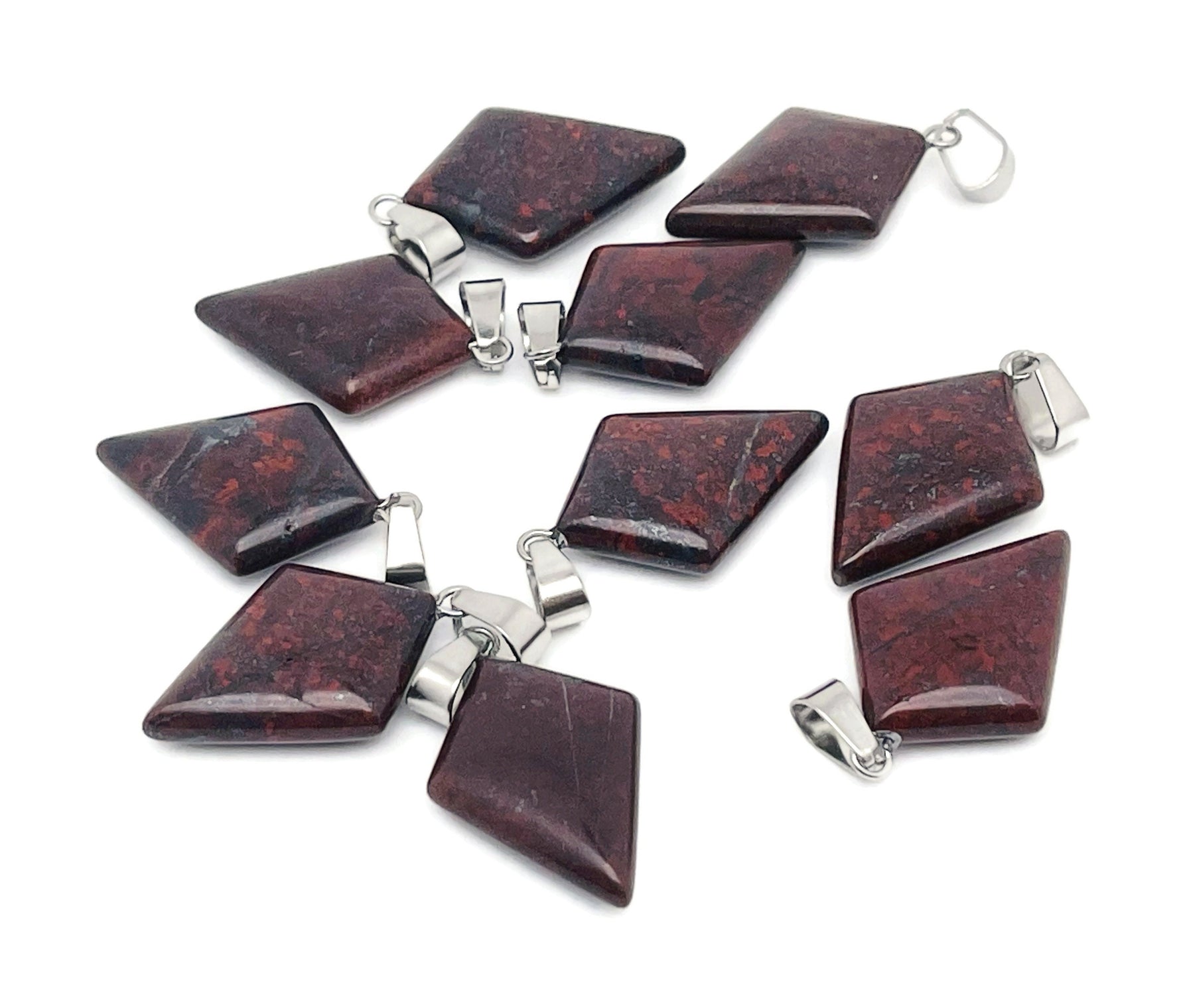 Chicken Bloodstone Jasper triangle gemstone pendant with geometric design, featuring rich red and green hues, by GemstoneGO.