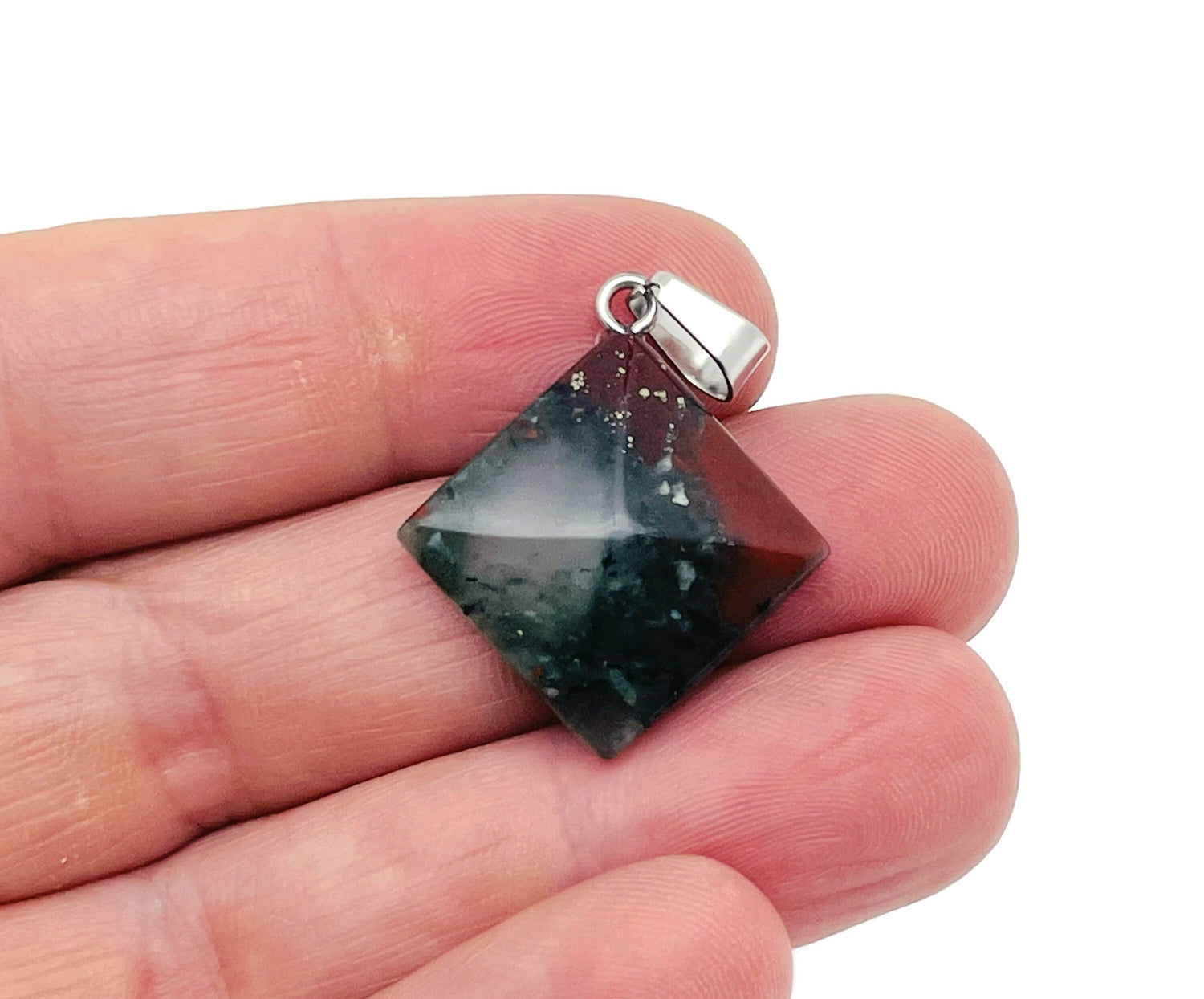 African Bloodstone pyramid gemstone pendant from GemstoneGO, featuring a natural bloodstone pyramid charm on a silver chain.