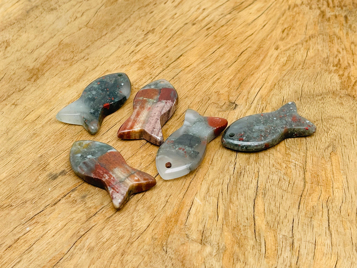 African Bloodstone Fish gemstone pendant featuring Pisces zodiac symbol with a hole crystal design by GemstoneGO