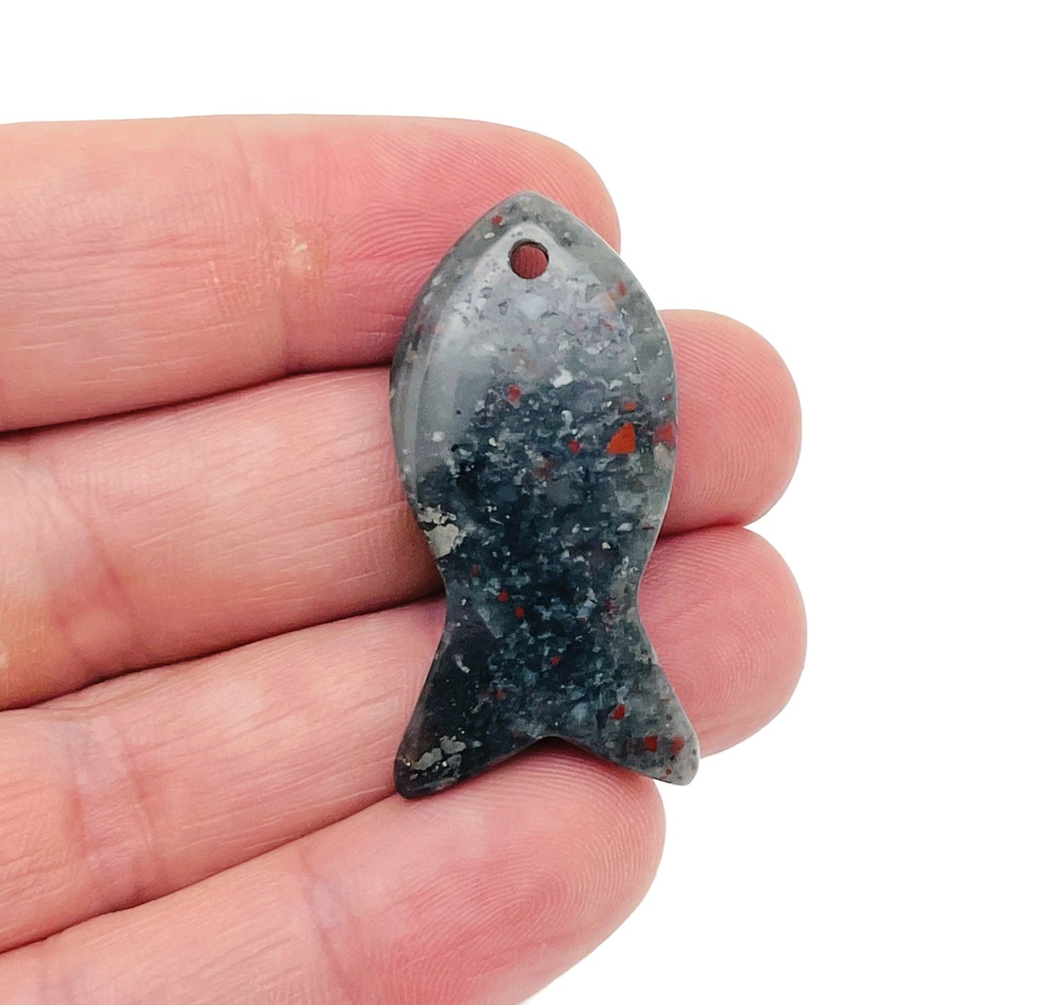 African Bloodstone fish gemstone pendant featuring Pisces zodiac symbol with hole for chain, crafted by GemstoneGO.