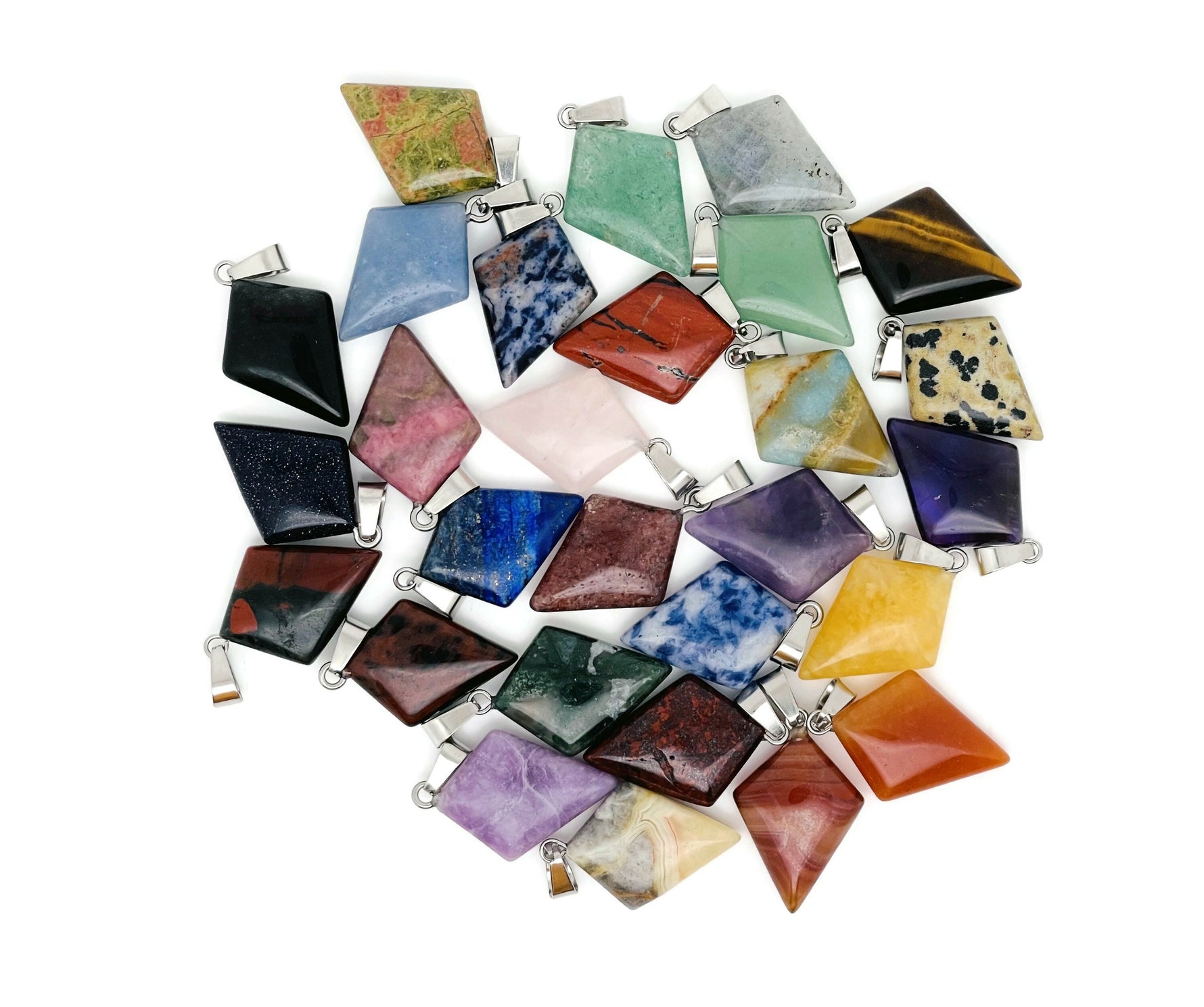 GemstoneGO triangle gemstone pendant featuring a geometric design with colorful mixed gemstones on a delicate chain.