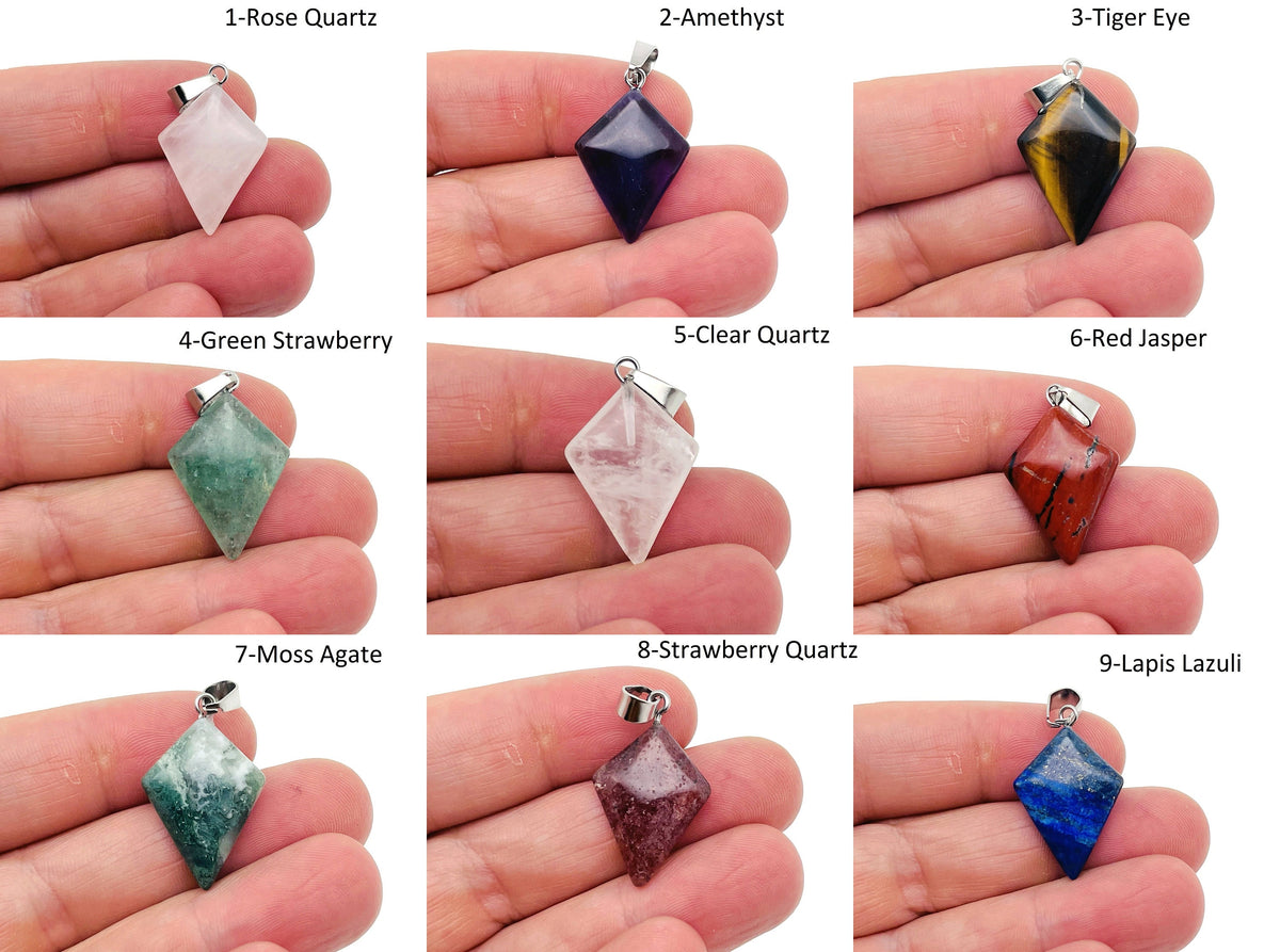 GemstoneGO triangle gemstone pendant featuring a geometric design with colorful mixed gemstones on a silver chain.