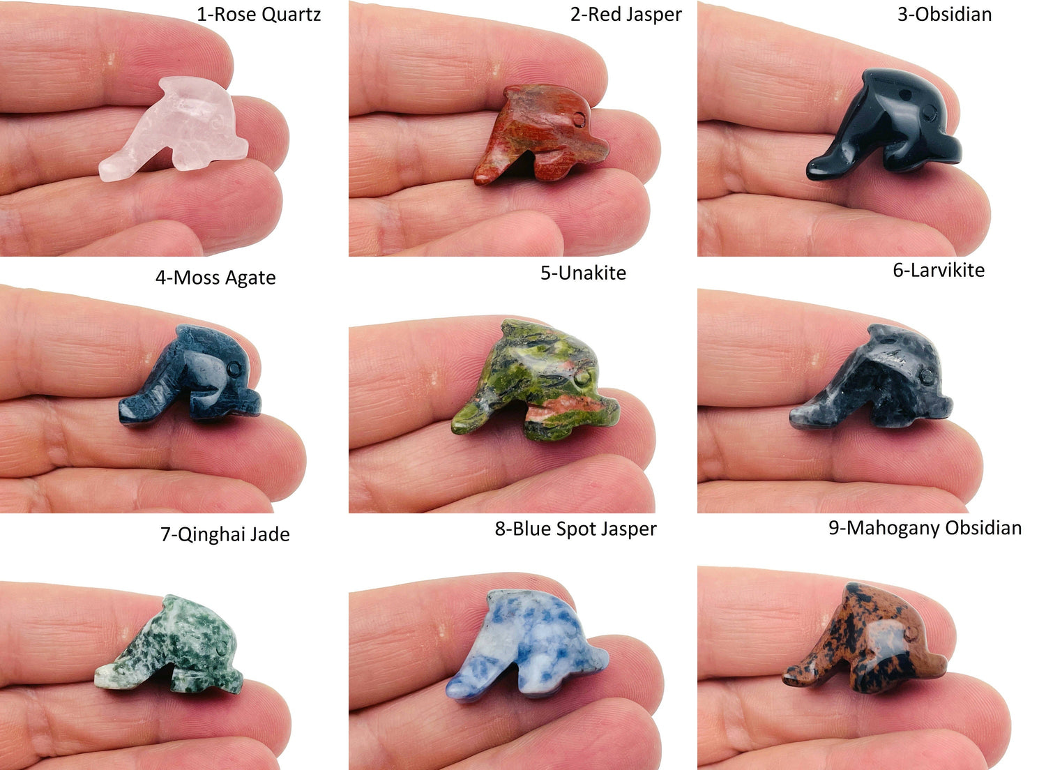 Handmade 30mm crystal dolphin animal figure by GemstoneGO, carved gemstone with detailed dolphin design on a neutral background.