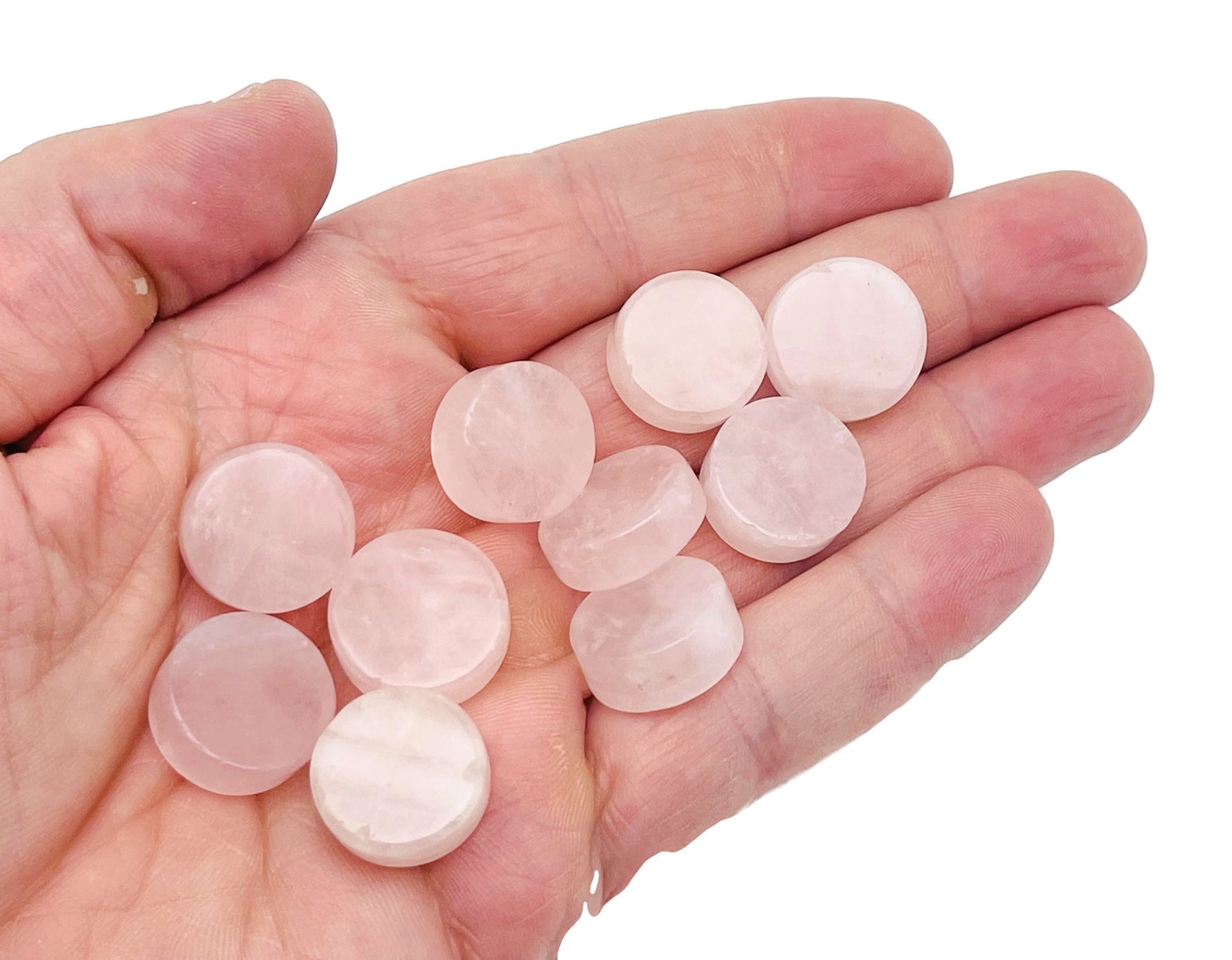 Round rose quartz flat gemstone slab from GemstoneGO showing smooth, polished pink quartz surface with natural gemstone patterns.