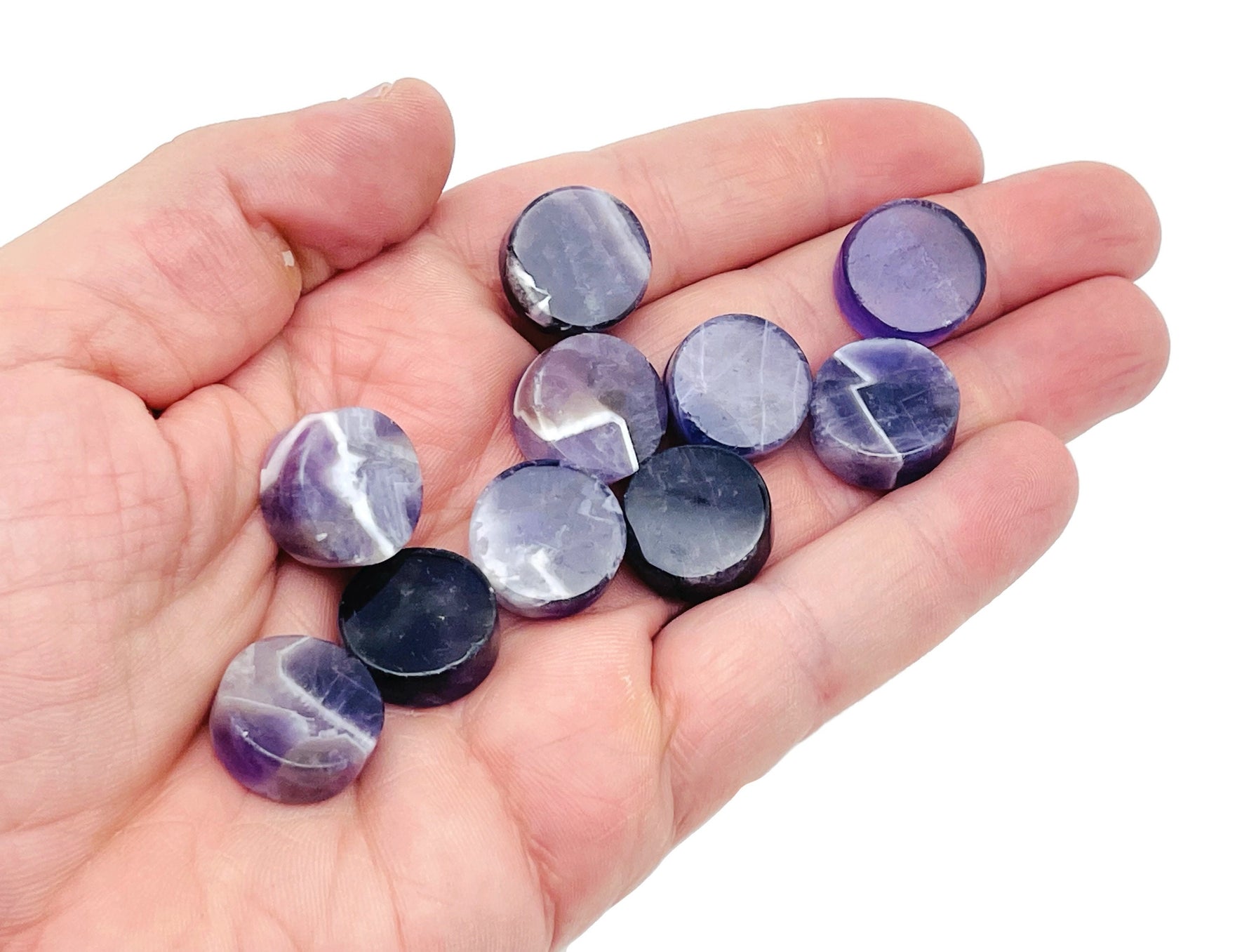 Round amethyst flat gemstone slab showing vibrant purple color and natural crystal texture, from GemstoneGO.