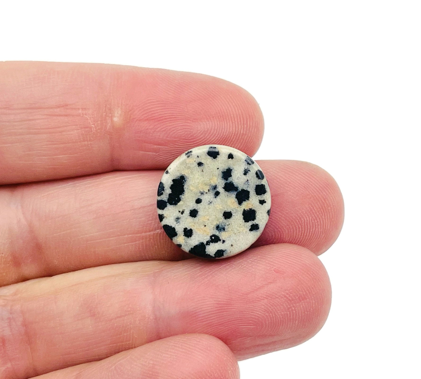 Round Dalmatian Jasper flat gemstone slab from GemstoneGO, showcasing black spots on a light beige background.
