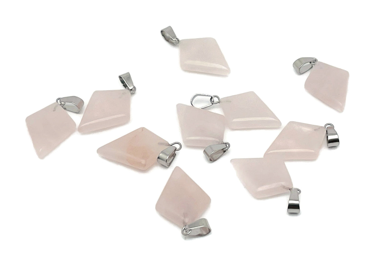 Rose quartz triangle gemstone pendant from GemstoneGO featuring a geometric design and polished rose quartz stone.