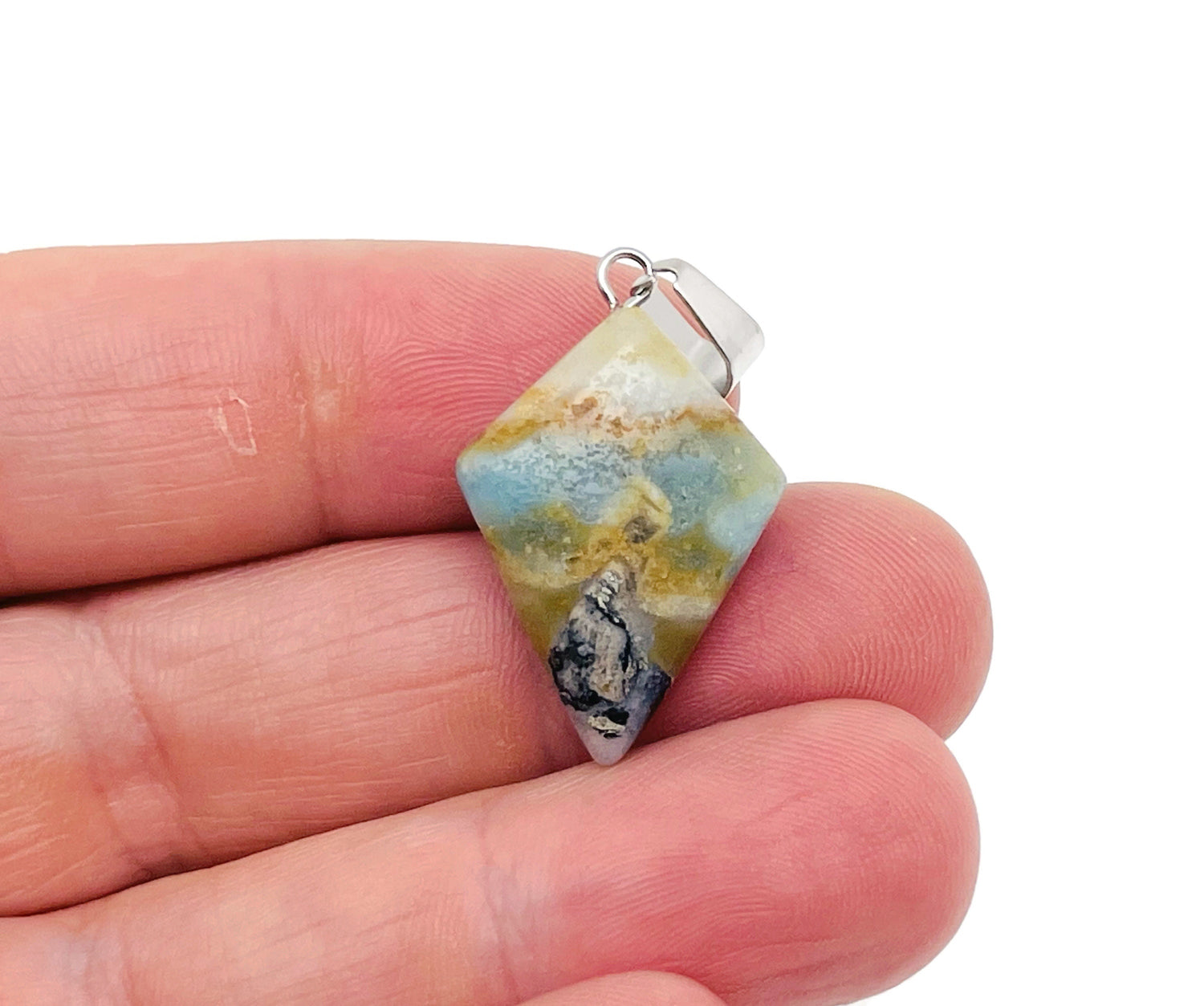 Amazonite triangle gemstone pendant with geometric design from GemstoneGO, showcasing a vibrant blue-green stone on a silver chain.