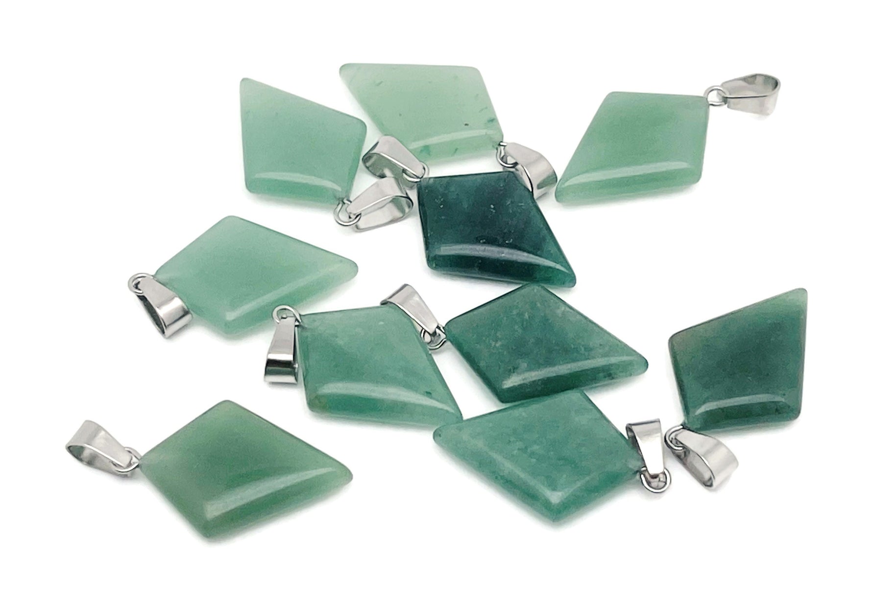 Aventurine triangle gemstone pendant with geometric design, featuring vibrant green aventurine stone on a delicate chain.