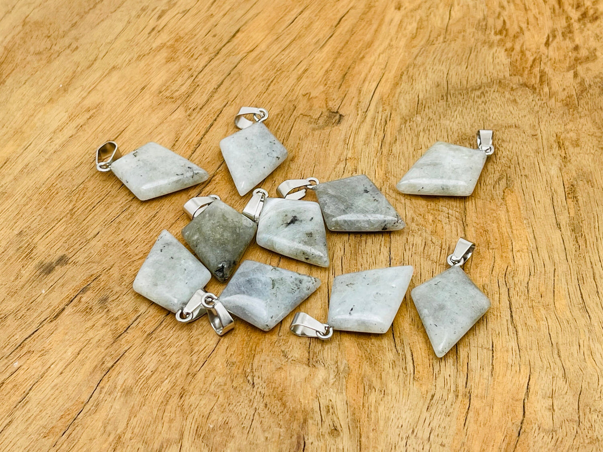 Labradorite triangle gemstone pendant with geometric design, showcasing iridescent colors and polished surface, by GemstoneGO.